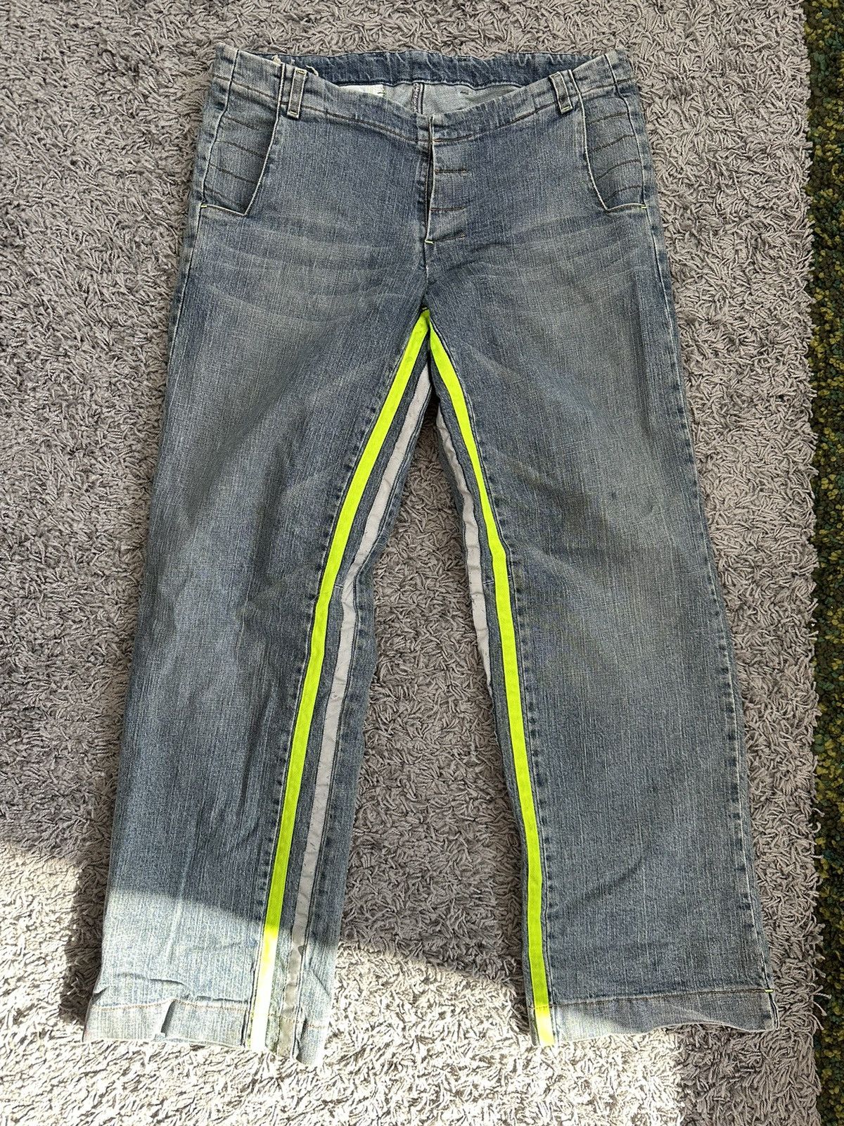 image of W Lt Walter Van Beirendonck W&lt Neon Green 3M Stripe Jeans in Blue, Men's (Size 32)