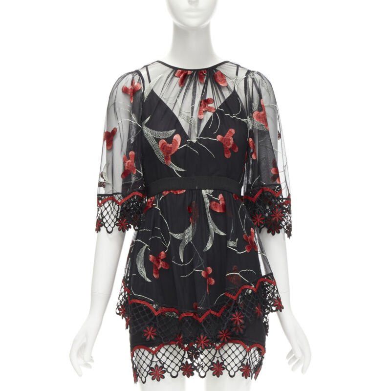 Alice McCall ALICE MCCALL Wish you Were Here black red guipere lace floral tulle dress US2 XS Size S / US 4 / IT 40 - 1 Thumbnail
