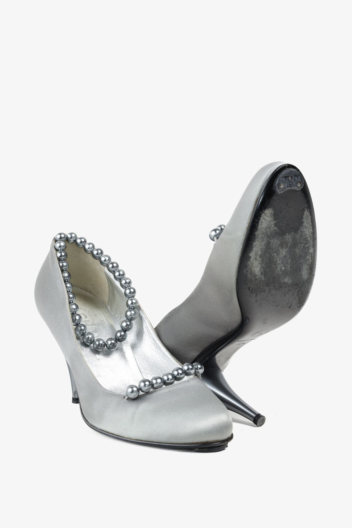 Chanel Chanel Grey Pearl Ankle Satin Pumps Size US 7 / IT 37 - 4 Thumbnail