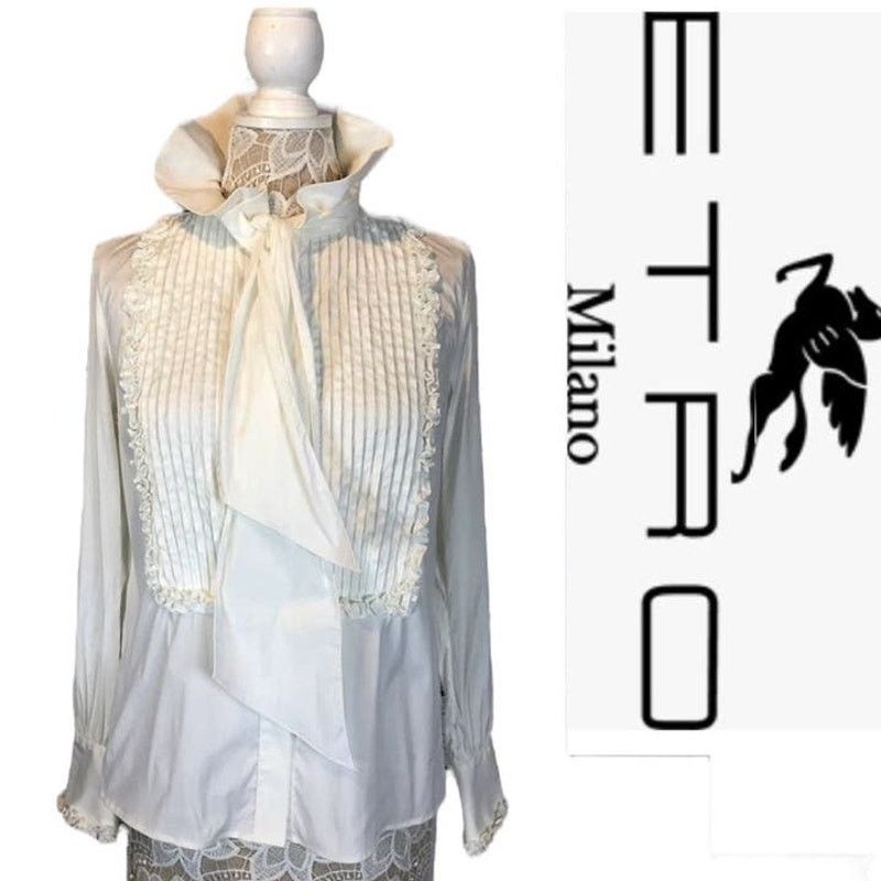 Etro ETRO white tuxedo blouse ruffled neck Victorian style small Size S / US 4 / IT 40 - 1 Thumbnail
