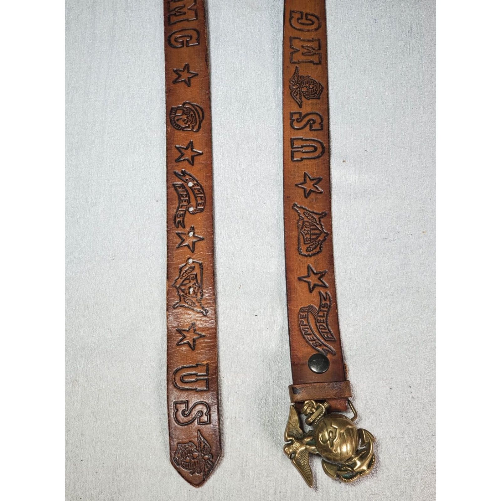 Vintage VINTAGE Baron Buckles USMC Marine Corps Brass Eagle Emblem Belt Buckle Leather Belt Mens Womens Adults Brown 1970s Size ONE SIZE - 4 Thumbnail