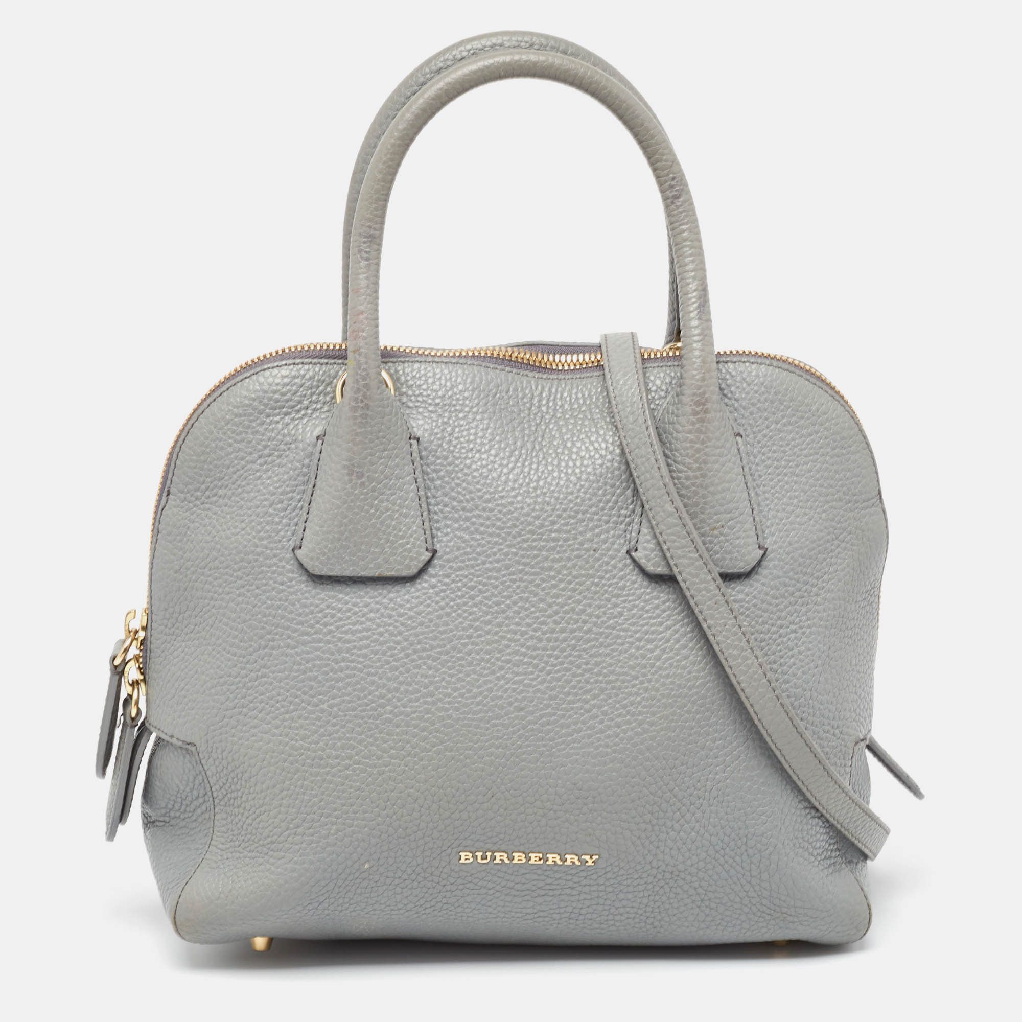 image of Burberry Grey Leather Greenwood Satchel, Women's