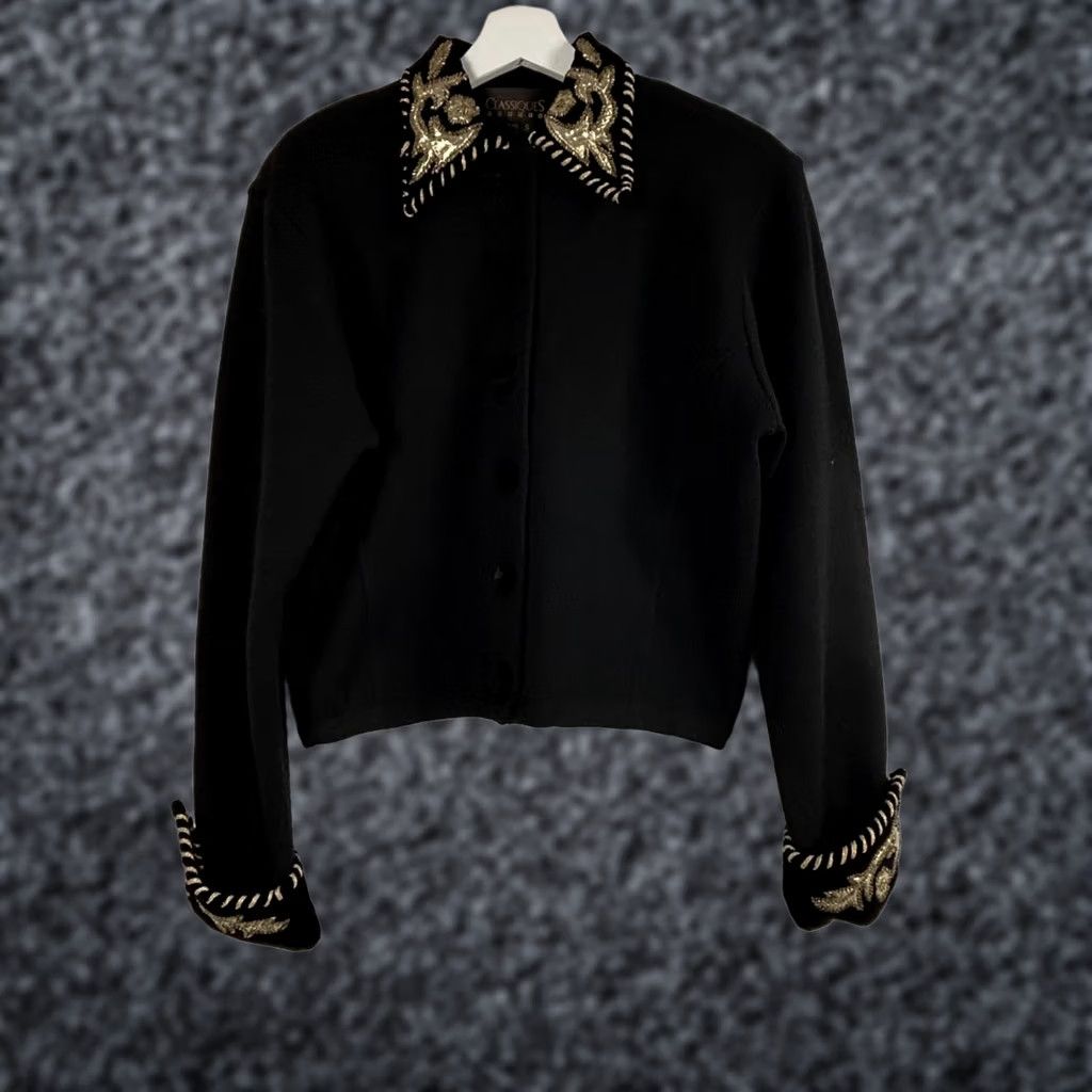Vintage VINTAGE Classiques Entier Black Gold Embellished Wool Blend Cropped Jacket Small Women’s Jacket Size S / US 4 / IT 40 - 1 Thumbnail