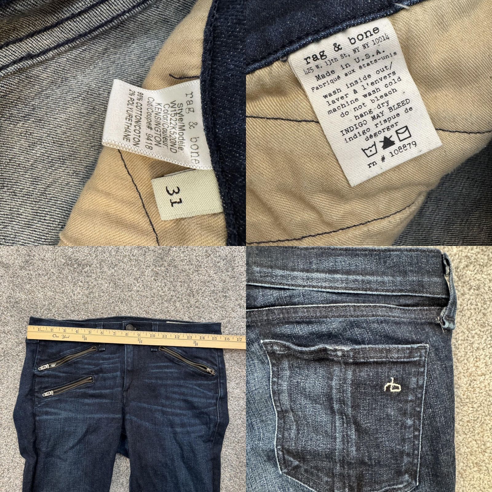Rag & Bone rag & bone Kensington Skinny Jeans Womens 31 Blue Dark Wash Ankle Zip Stretch USA Size 24" / US 00 / IT 34 - 8 Thumbnail