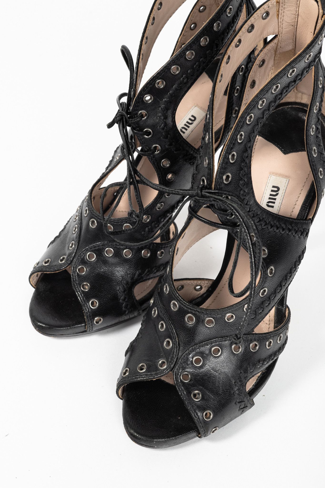 Miu Miu Miu Miu Black Leather Grommet Lace-Up Sandals Size US 6.5 / IT 36.5 - 6 Thumbnail