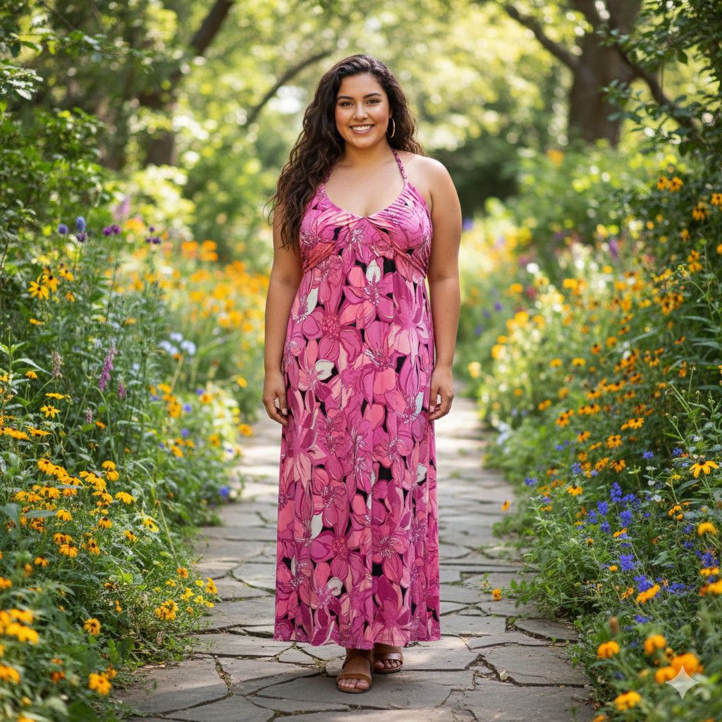 Other Elle Size XL Dress Pink Fuchsia Floral Halter Smocked Maxi Size XL / US 12-14 / IT 48-50 - 4 Thumbnail