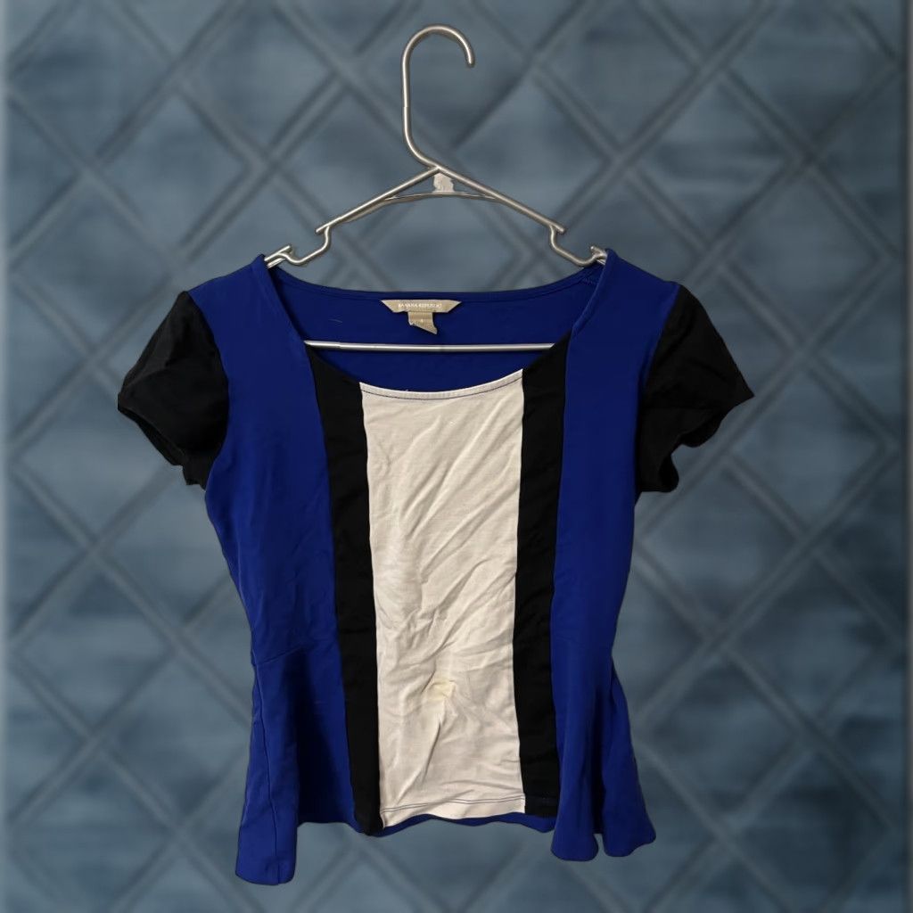 Banana Republic Banana Republic Blouse Colorblock Top Short Sleeve White Black Royal Blue Multicolor 4 Womens Size S / US 4 / IT 40 - 1 Thumbnail