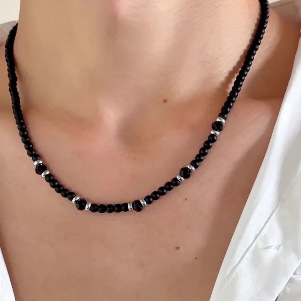 Jewelry × Vintage Hiphop Black Beaded Necklaces Black Frosted Stone Splicing Size ONE SIZE - 3 Thumbnail