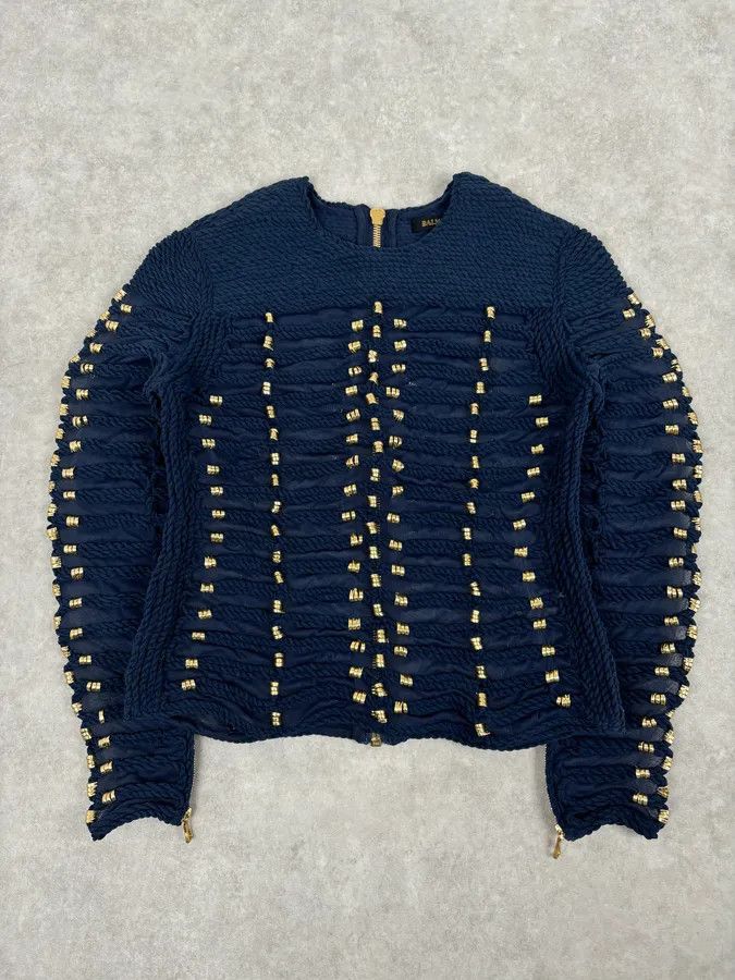 Balmain SS2015 Balmain x H&M Navy Gold-Beaded Blouse Size S / US 4 / IT 40 - 1 Thumbnail