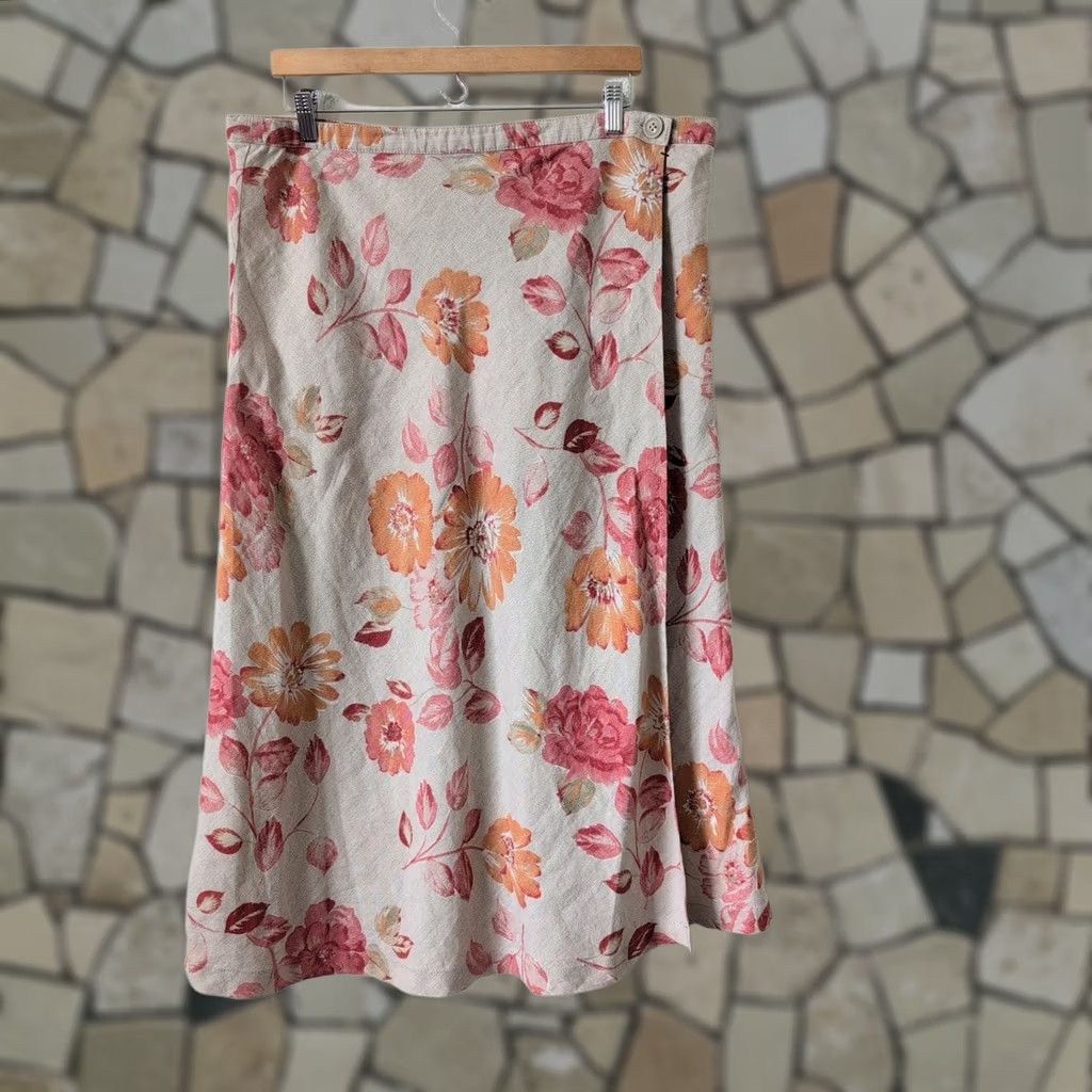 Eddie Bauer VINTAGE Eddie Bauer Skirt Wrap Midi Womens 16 Tan Floral 90s Linen Beige Pink Size 38" / US 16 / IT 52 - 1 Thumbnail