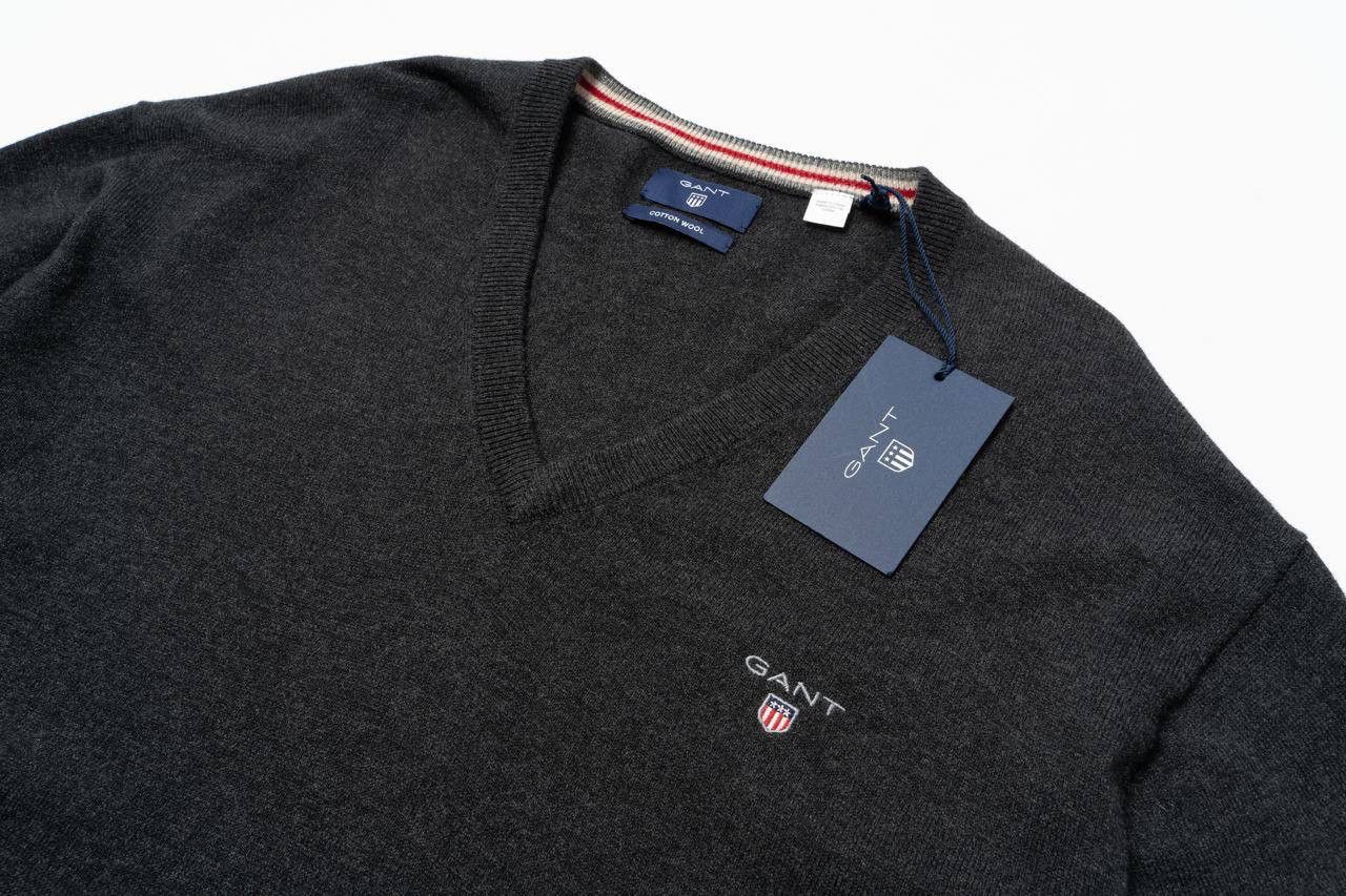 Gant 🔵GANT Wool Cotton blend V-Neck Sweater Jumper Gray Melange Size US XL / EU 56 / 4 - 2 Thumbnail