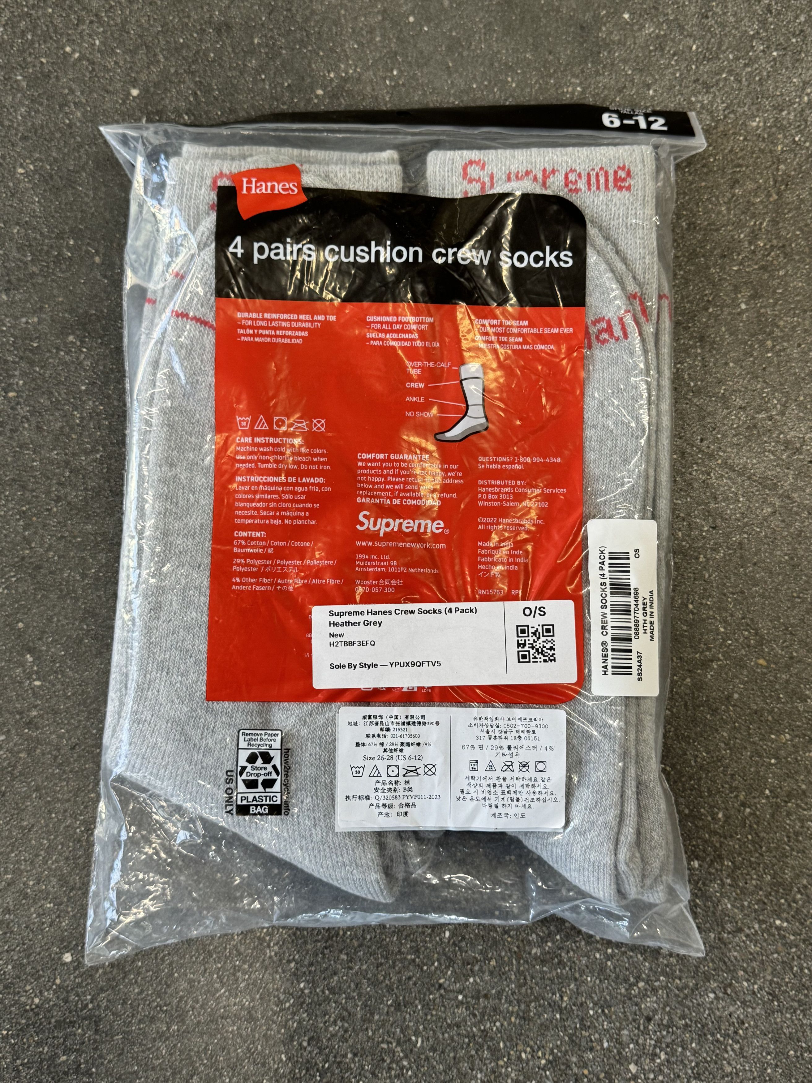 Supreme Supreme Hanes Crew Socks (4 Pack) Heather Grey Size ONE SIZE - 2 Thumbnail
