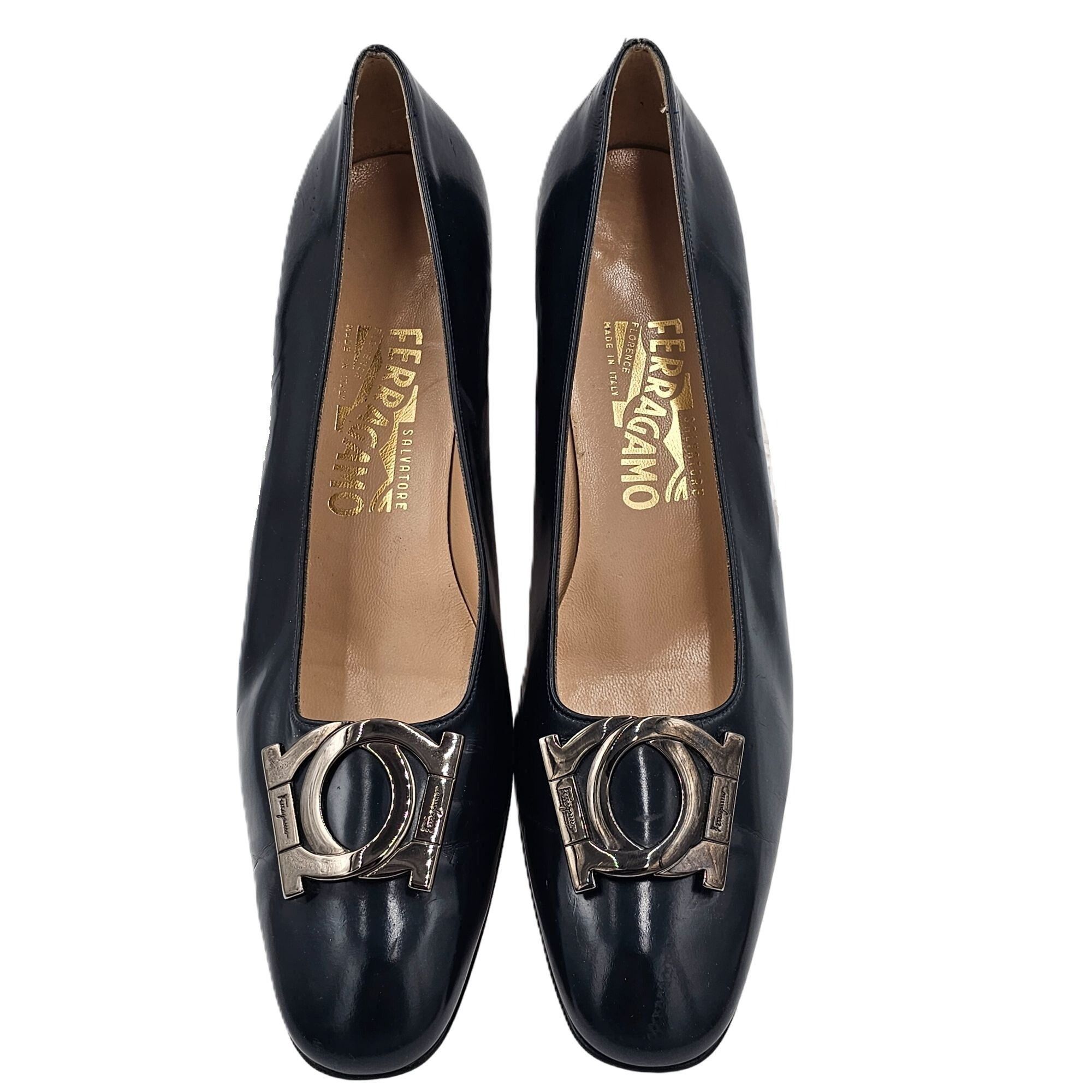 Vintage Salvatore Ferragamo Women 10AAA Navy Blue Patent Lea