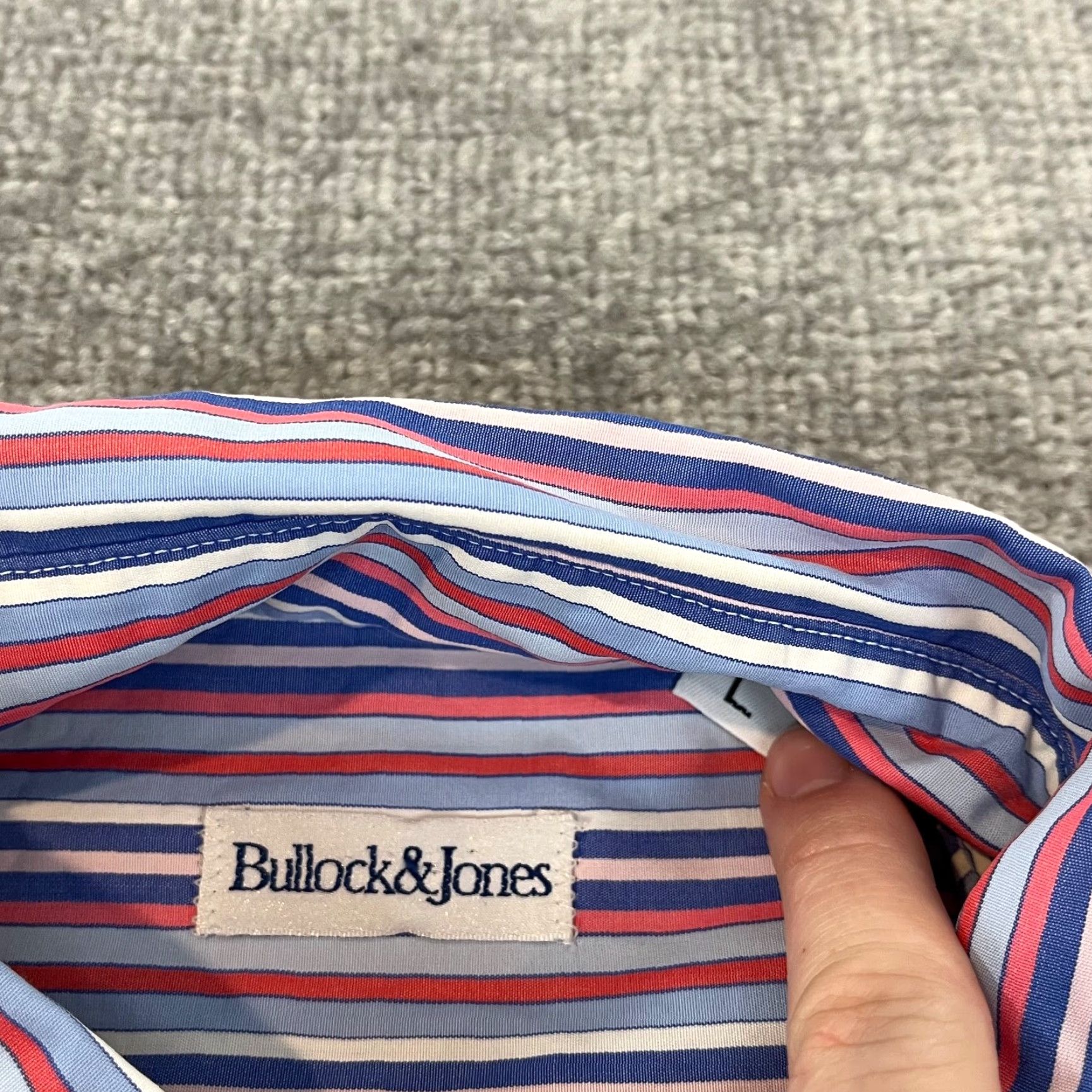 Vintage Bullock & Jones Shirt Mens Large Red White Blue Striped Button Up Down Dress L/S Size 42R - 3 Thumbnail
