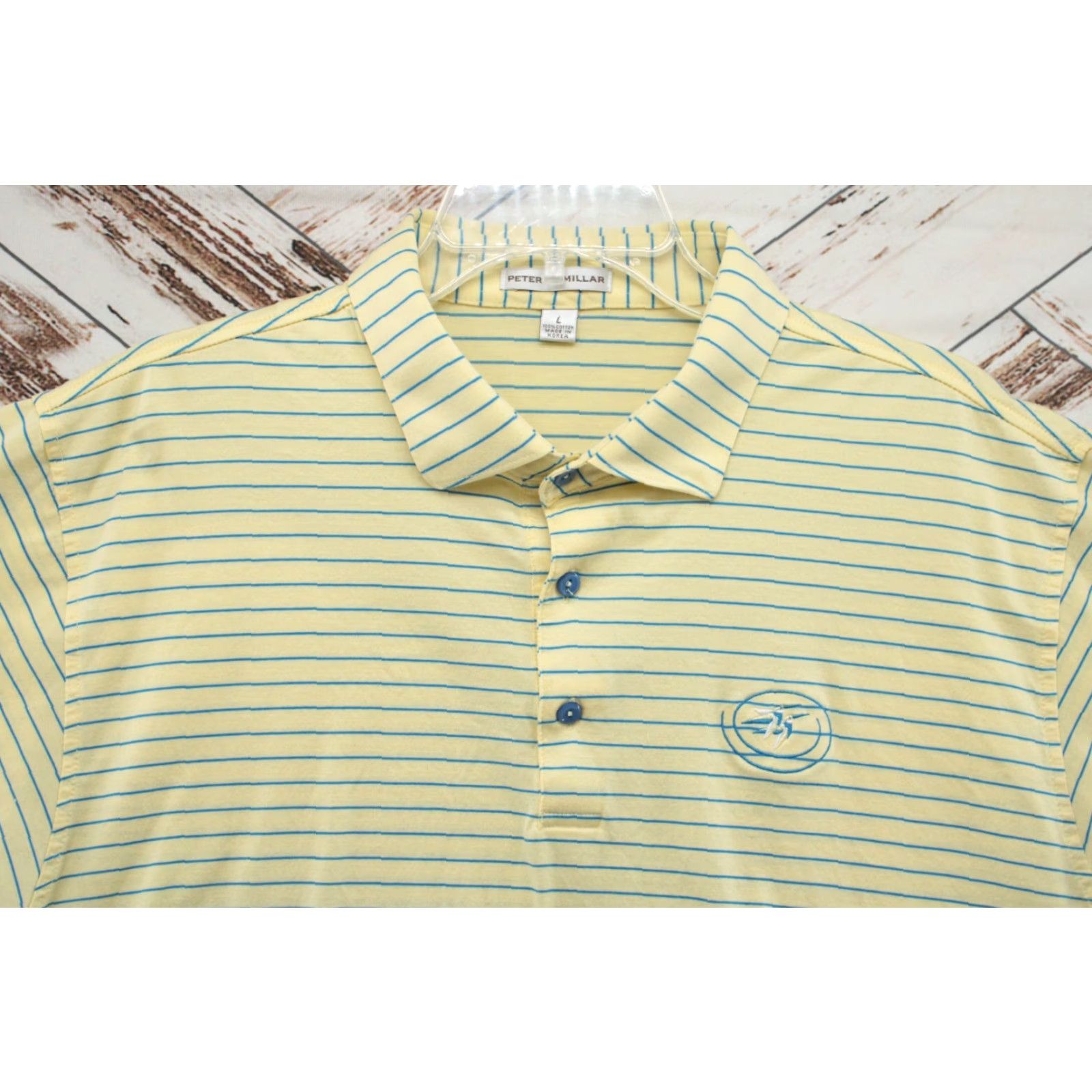 Peter Millar VINTAGE Peter Millar Polo Shirt Mens L Yellow Blue Stripes Hummingbird Logo Golfer Size US L / EU 52-54 / 3 - 4 Thumbnail