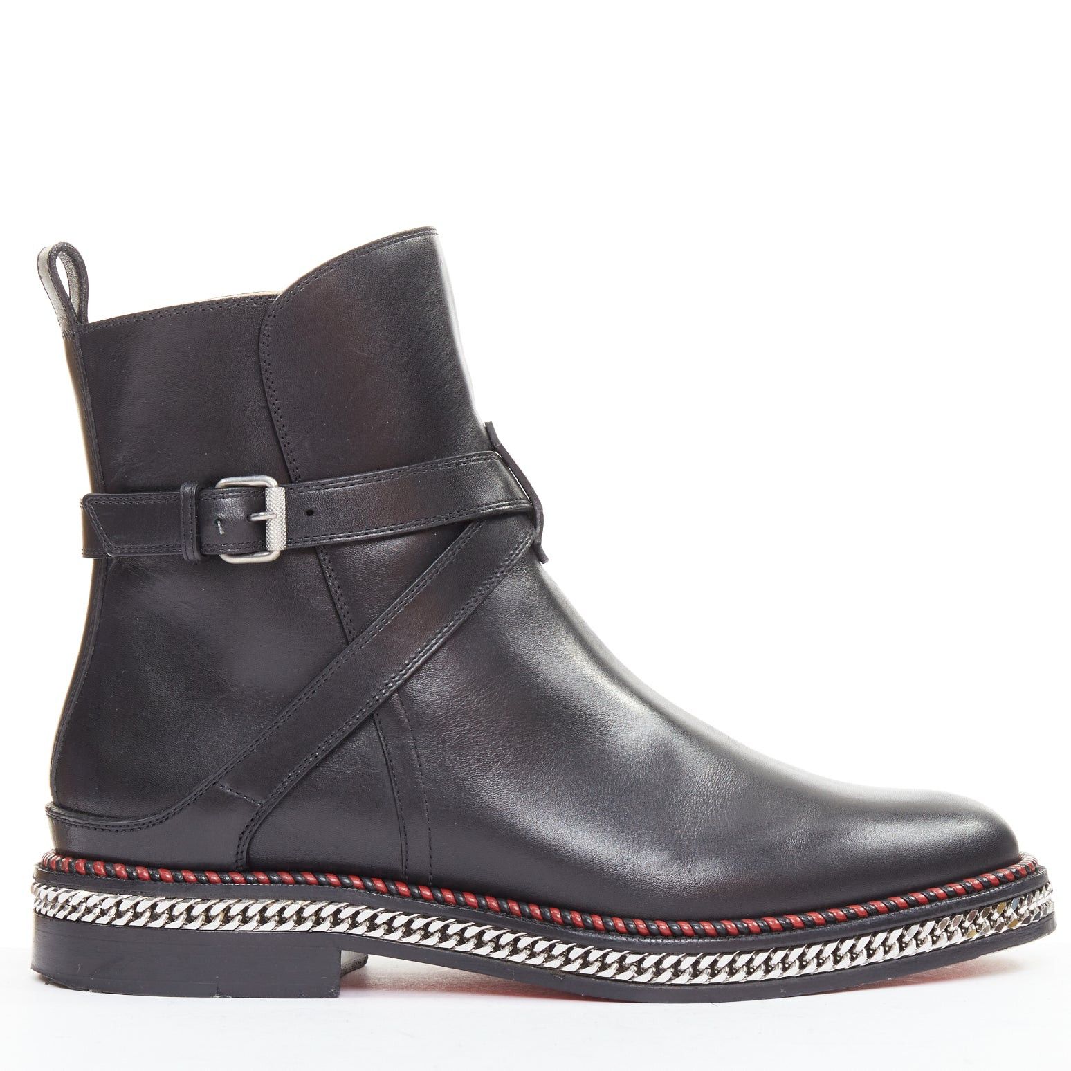 Christian Louboutin CHRISTIAN LOUBOUTIN Chelsea Chain Flat Calf Brosse black silver embellished buckle boots EU38 Size US 8 / IT 38 - 1 Thumbnail