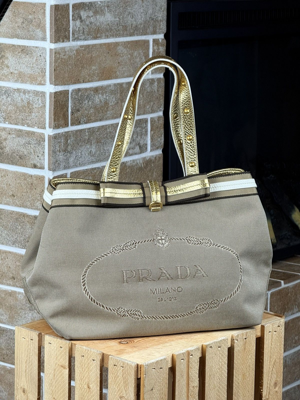 Prada Prada Brown Logo Jacquard Canvas Mettalic Gold Handle Bag Size ONE SIZE - 2 Thumbnail