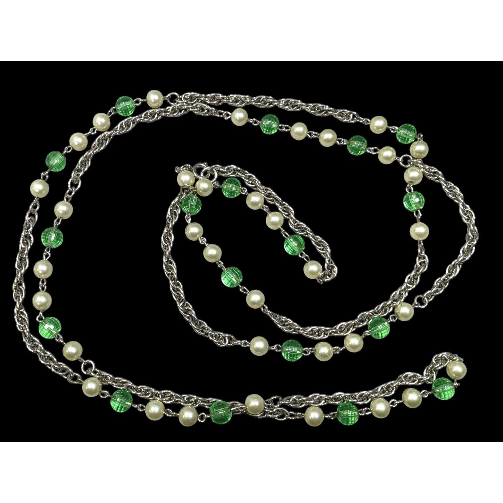 Other Whimsical Faux Pearl And Green Beaded Silver Tone Chain Stat Size ONE SIZE - 1 Thumbnail