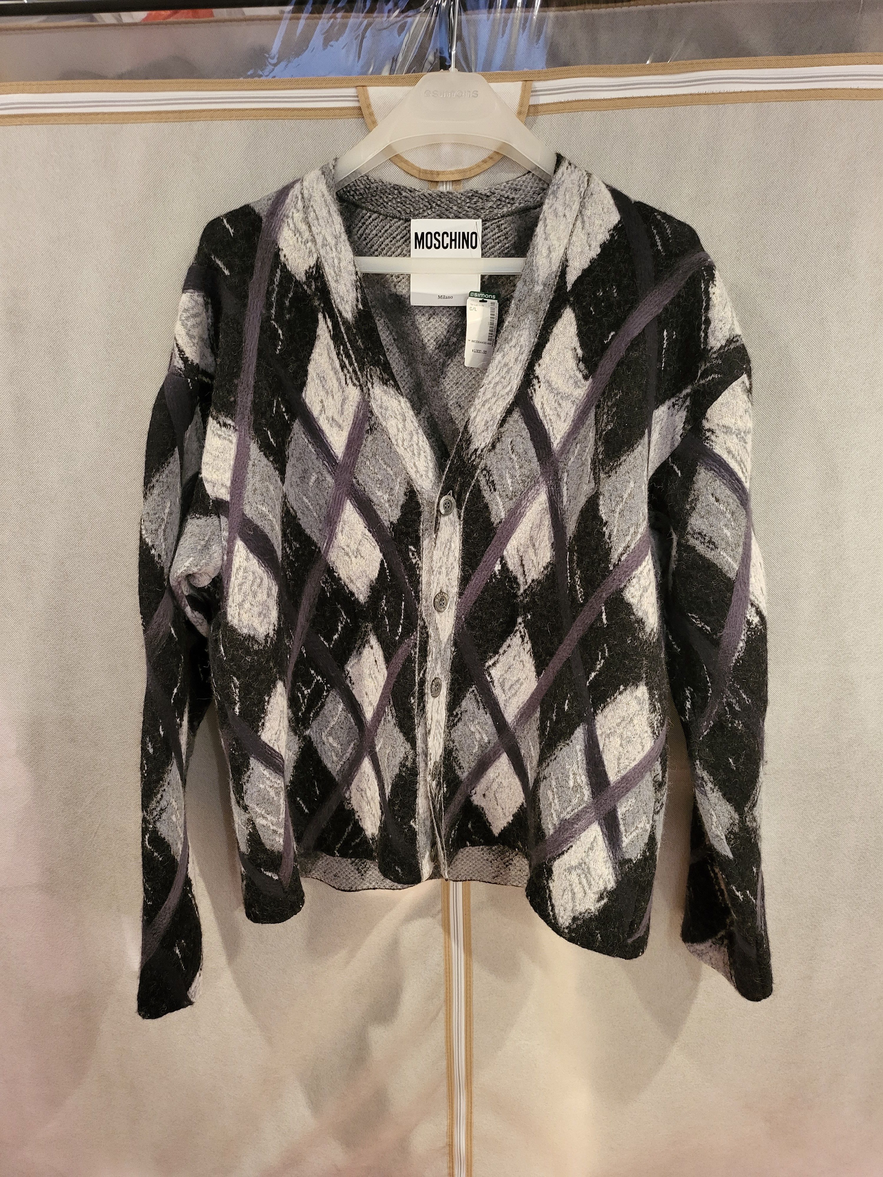 Moschino Grey Argyle Wool Cardigan Size US L / EU 52-54 / 3 - 3 Thumbnail