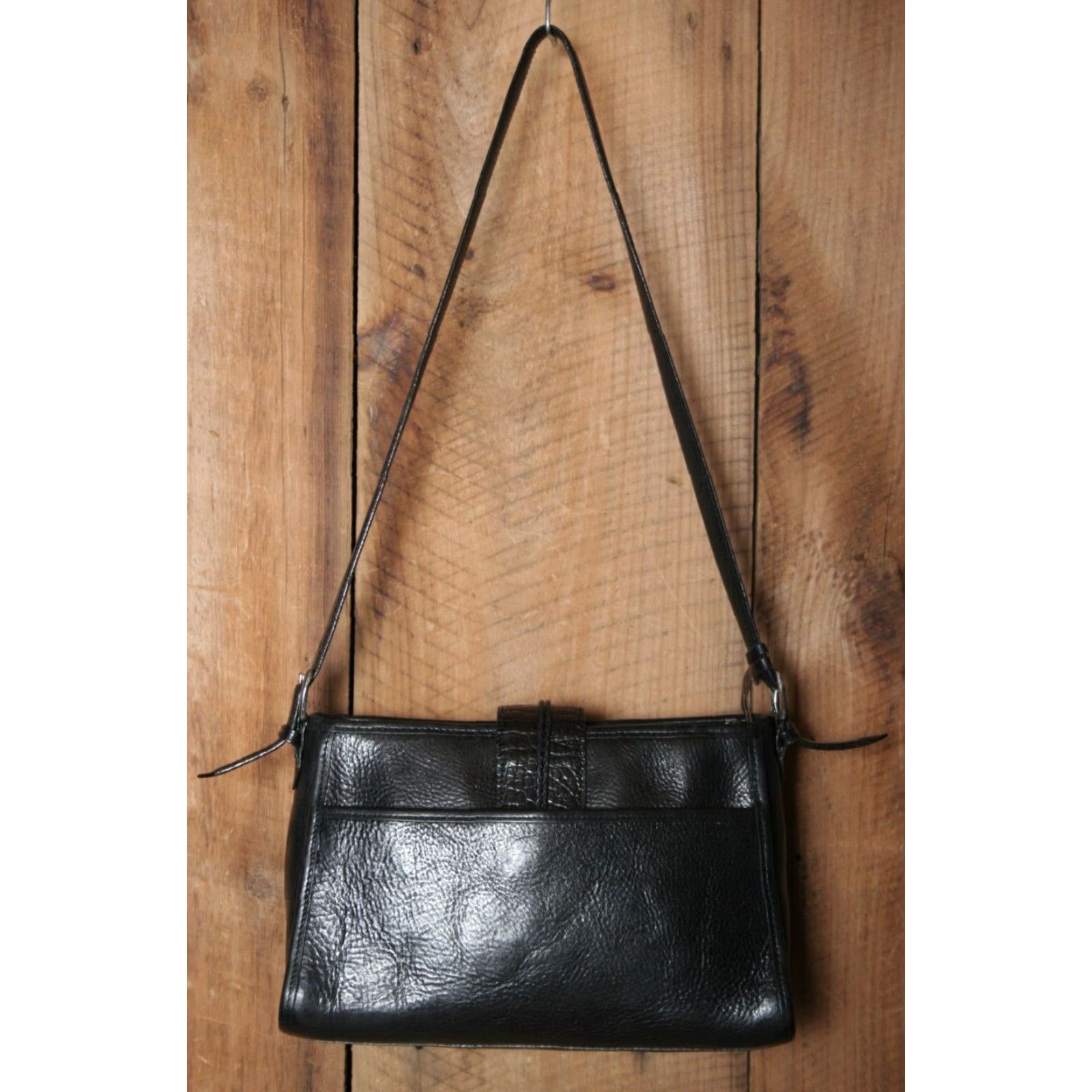 Brighton VINTAGE Brighton Shoulder Bag Black Leather Croc Embossed Plaid Lined Small Purse Size ONE SIZE - 5 Thumbnail