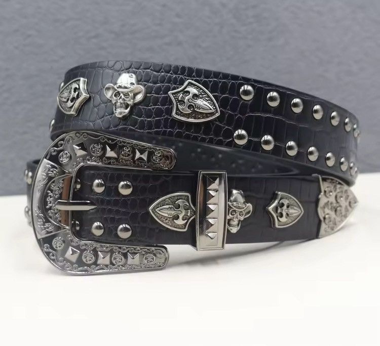 Japanese Brand 125 cm Black PU Leather Studded Belt with Cowboy Skull Rivet Size ONE SIZE - 2 Thumbnail