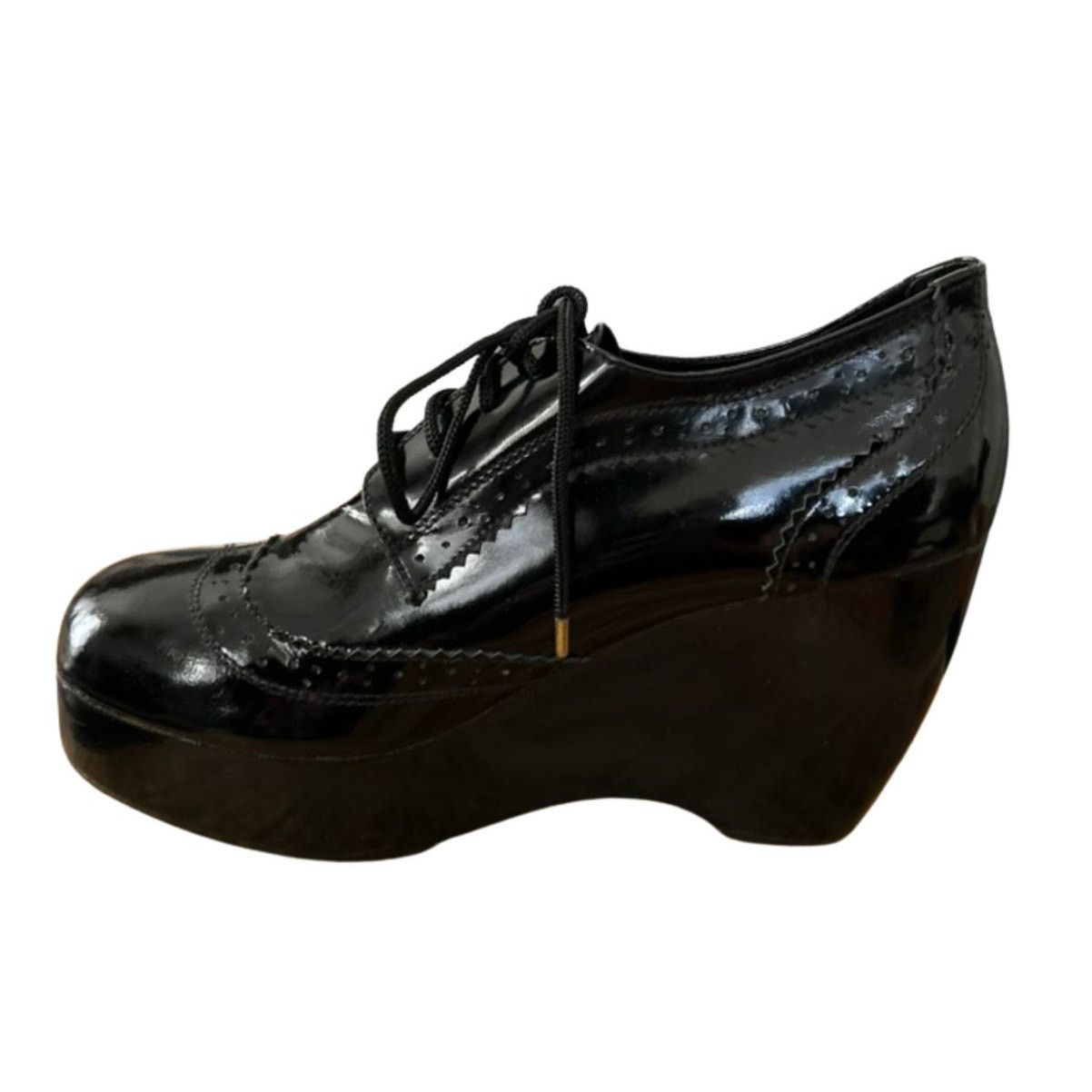 Vintage Shakuhachi Black Patent Leather Platform Wedge Oxfords Size US 7 / IT 37 - 4 Thumbnail