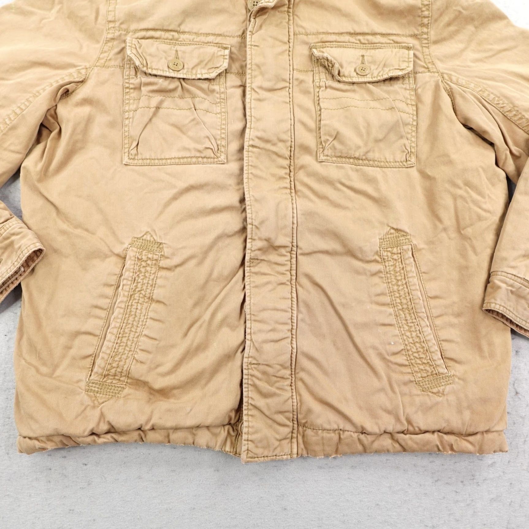 American Eagle Outfitters VINTAGE American Eagle Jacket Mens Quilted Field Utility Barn Coat 2XL Khaki Beige Hooded Full Zip Lined Insulated Pockets Autumn Winter Y2K Mens Size US XXL / EU 58 / 5 - 3 Thumbnail