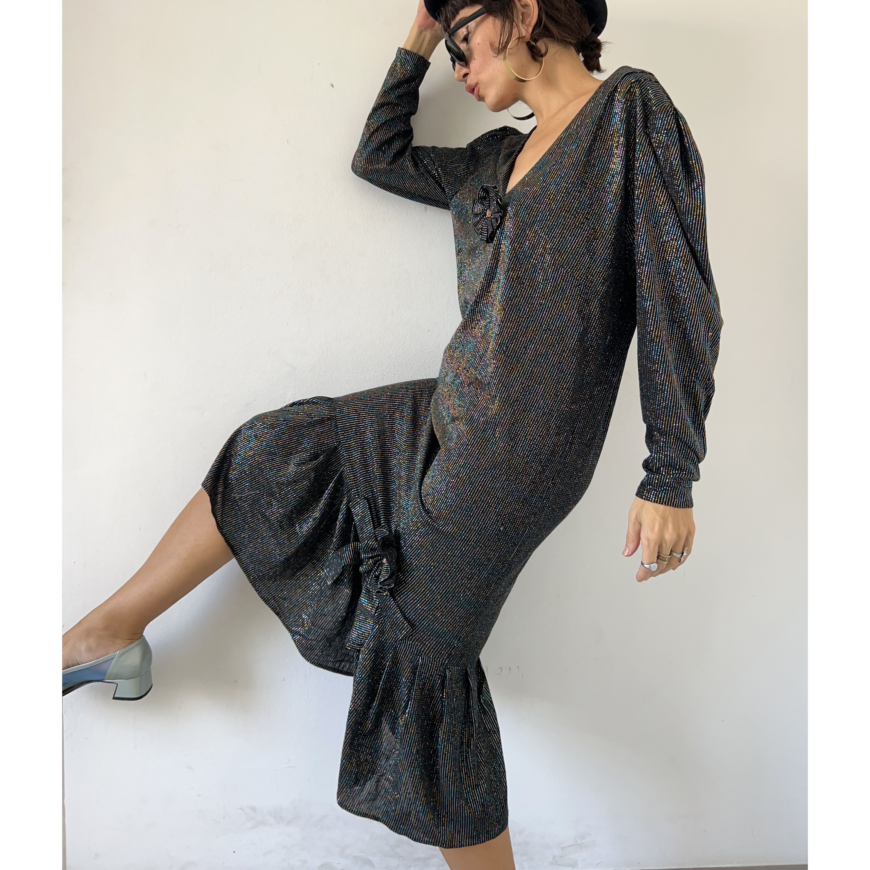 Vintage 80s Black Shimmer Party Dress Size XL / US 12-14 / IT 48-50 - 5 Thumbnail