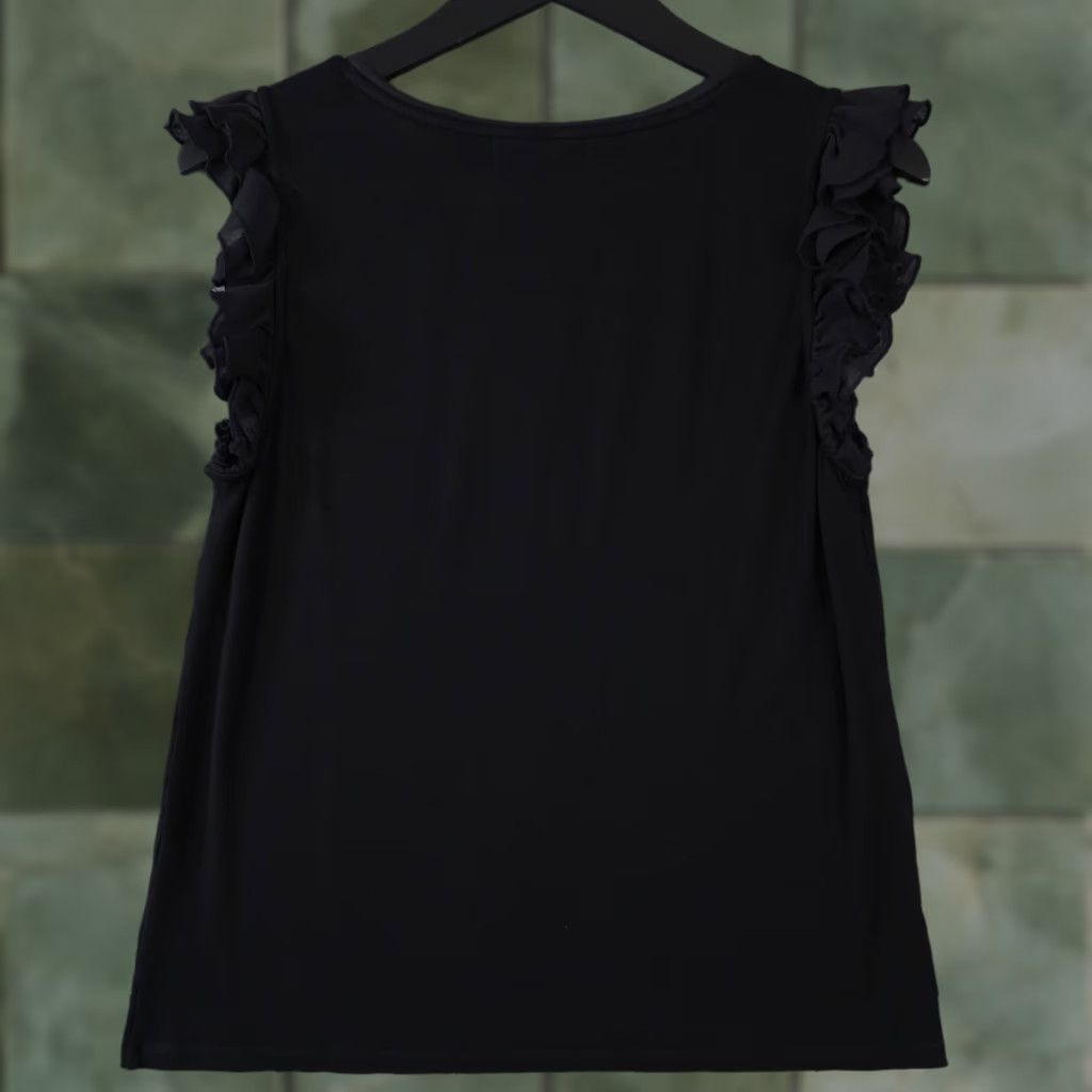 Ralph Lauren Lauren Ralph Lauren Shirt Womens Large Black Sheer Ruffle Cap Sleeve V Neck Top Size L / US 10 / IT 46 - 1 Thumbnail