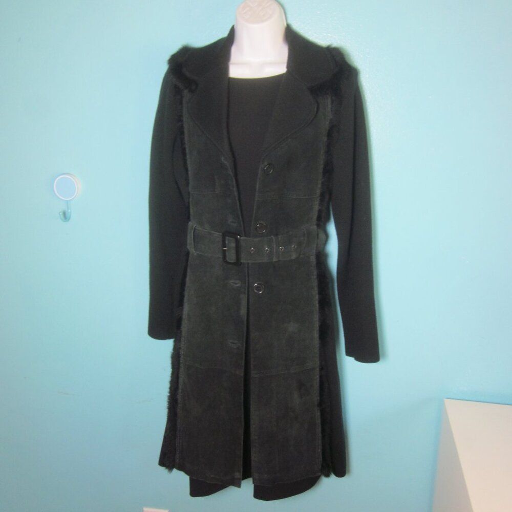 Cynthia Steffe Size M Black Suede Belted Trench Knit Back &