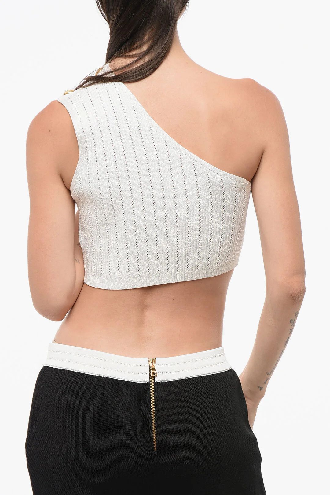 Balmain og1mm0326 Ribbed One-Shoulder Cropped Top in White Size M / US 6-8 / IT 42-44 - 2 Thumbnail