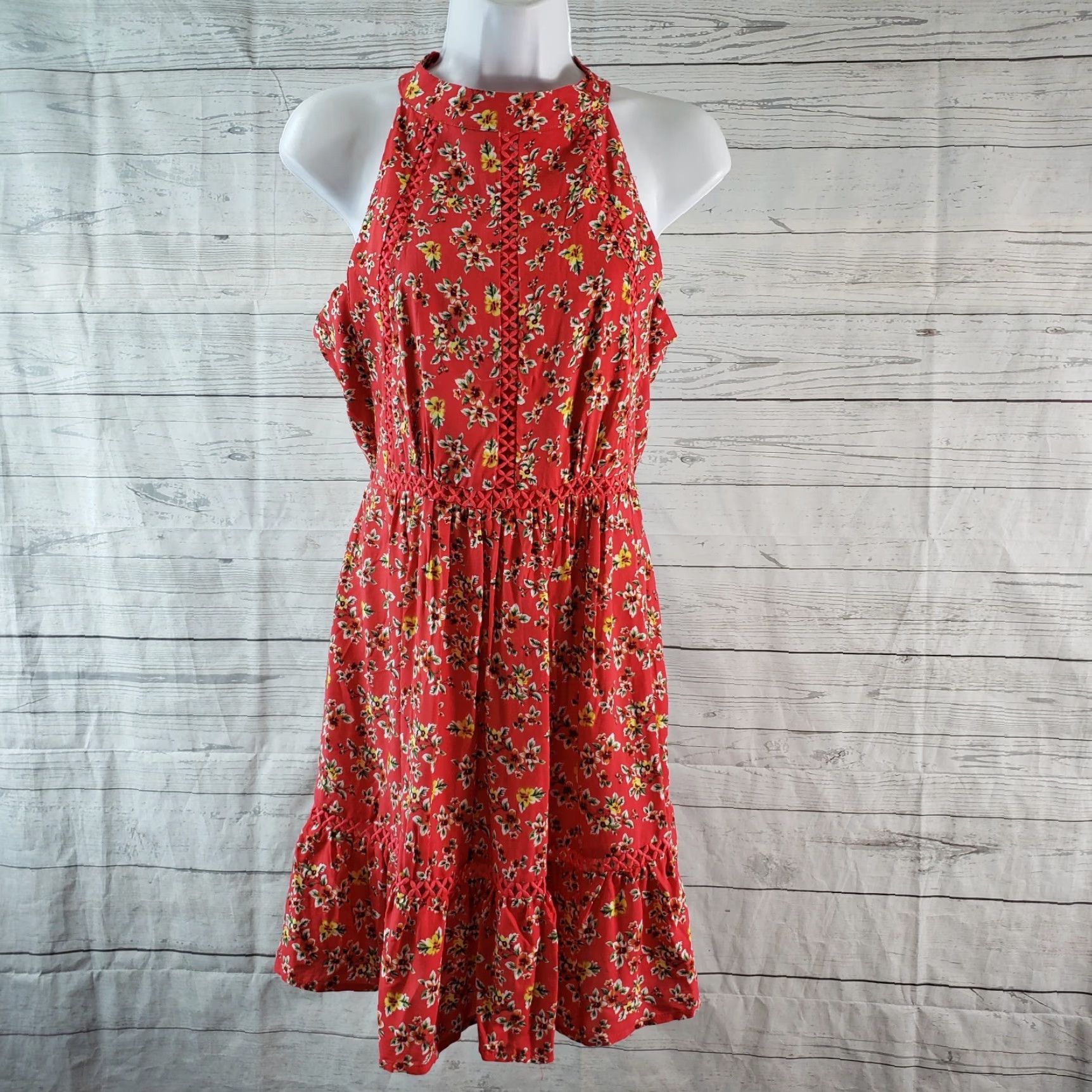 Vintage VINTAGE Sunday Mi Amor Womens Halter Dress Sz Medium Red Yellow Floral Open Back Dress Size M / US 6-8 / IT 42-44 - 2 Thumbnail