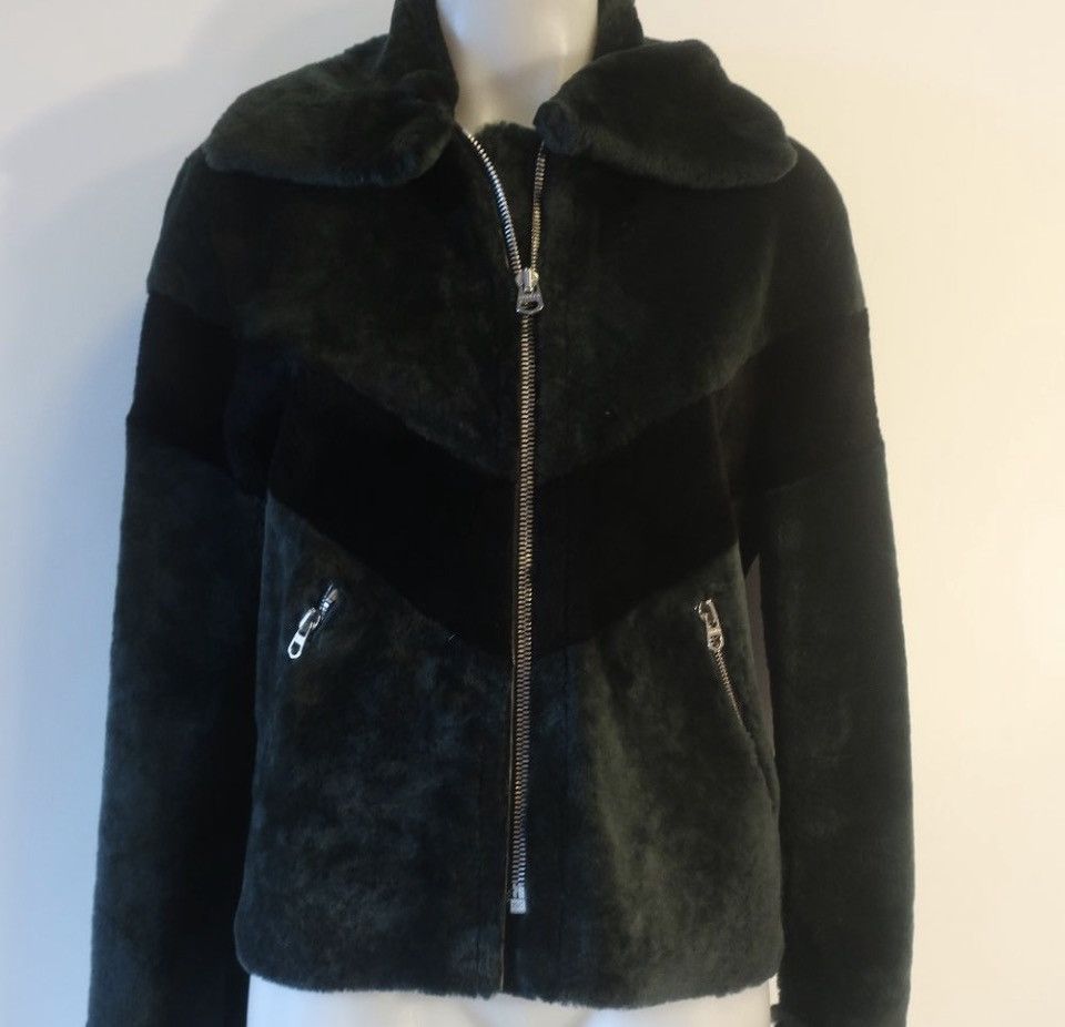 Sandro Sandro Shearling & Leather Zip Jacket Black & Green Chevron Size M / US 6-8 / IT 42-44 - 5 Thumbnail