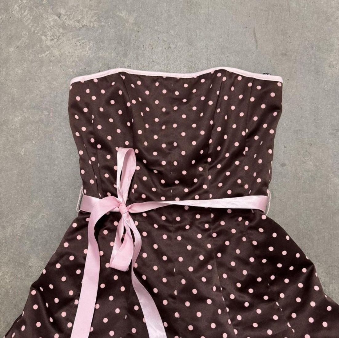 vintage 90s brown polka dot strapless ruffle mini dress