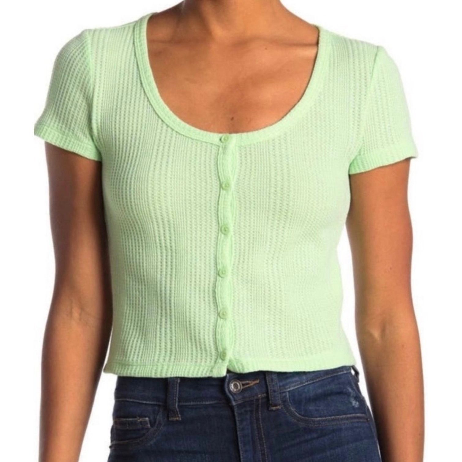 Other Elodie Waffle Knit Short Sleeve Button Up Crop Top Green XL Size XL / US 12-14 / IT 48-50 - 3 Thumbnail