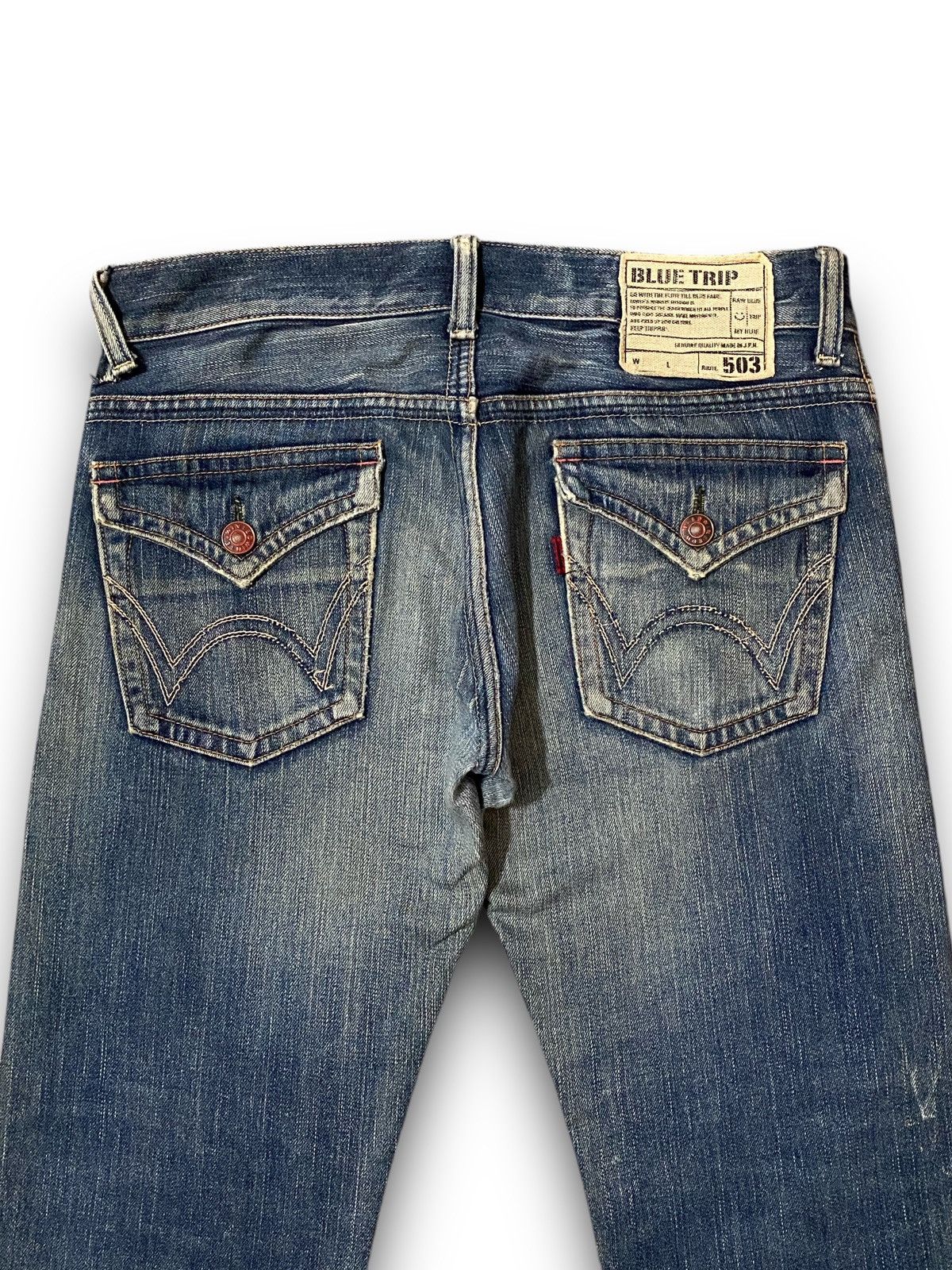 Edwin × Le Grande Bleu (L.G.B.) FLARE Edwin 503 Blue Trip Dirty Wash Distressed Jeans Size US 37 - 6 Thumbnail