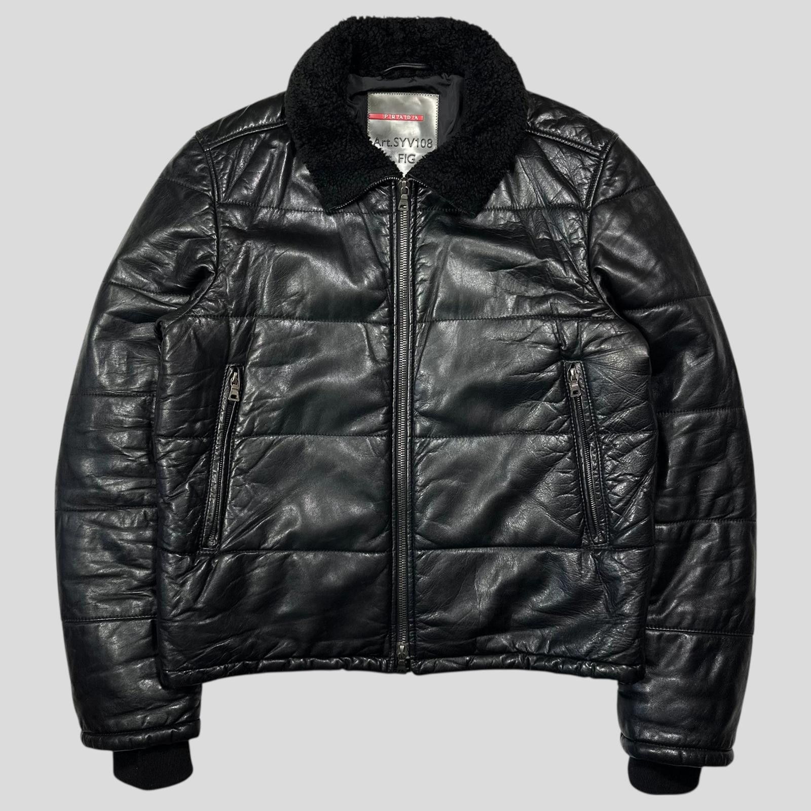 Prada Sport 00’s Leather Aviator Fur Collar Hooded Puffer L
