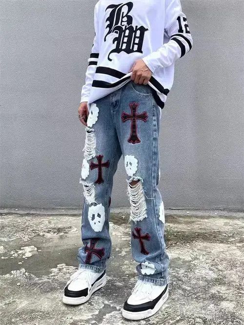 Japanese Brand × Jean High street heavy embroidered ripped straight jeans Size US 32 / EU 48 - 1 Thumbnail