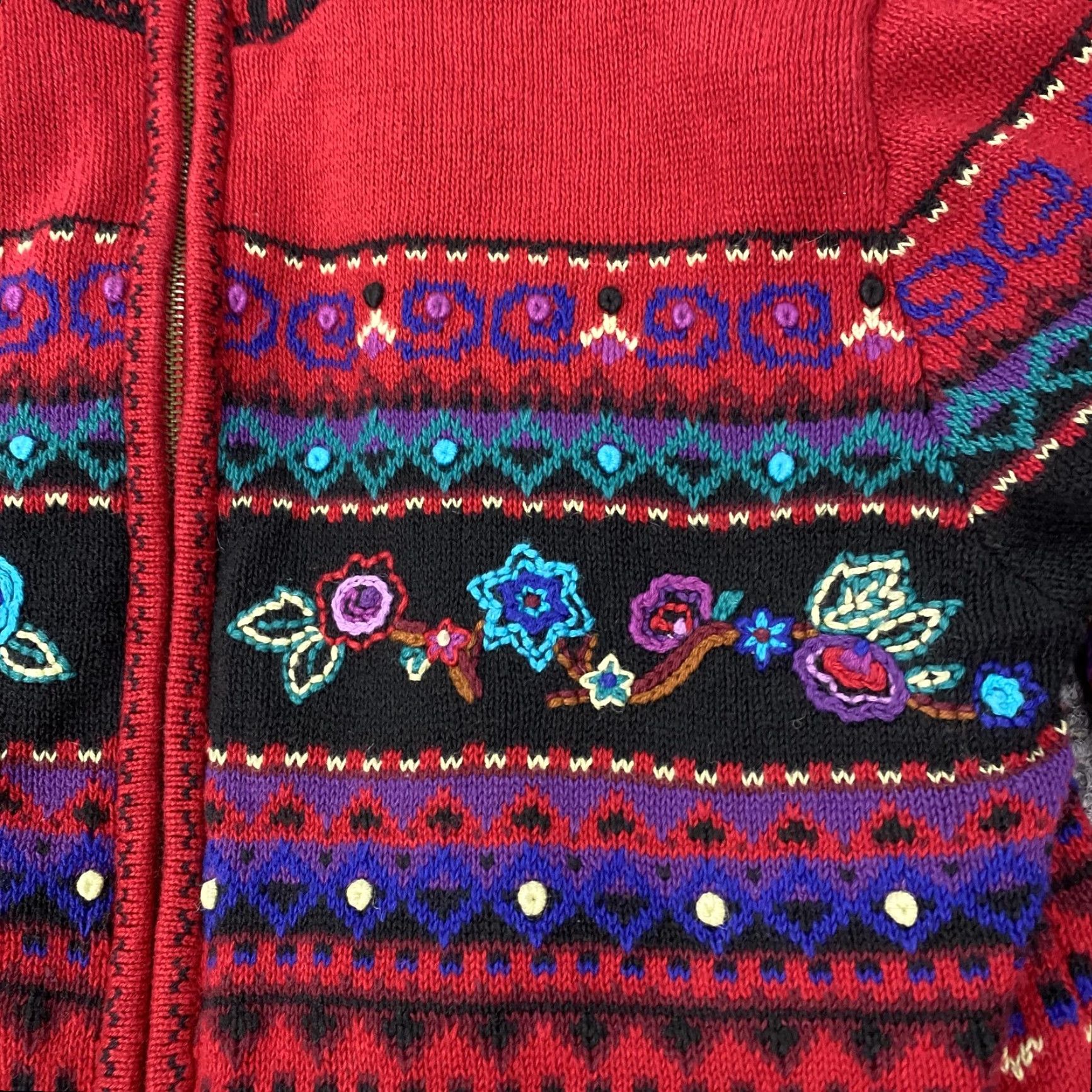 Vintage VINTAGE Koret Jacket Womens Large Red Floral Embroidered Knit Full Zip Lined Petites Bohemian Women Size L / US 10 / IT 46 - 2 Thumbnail