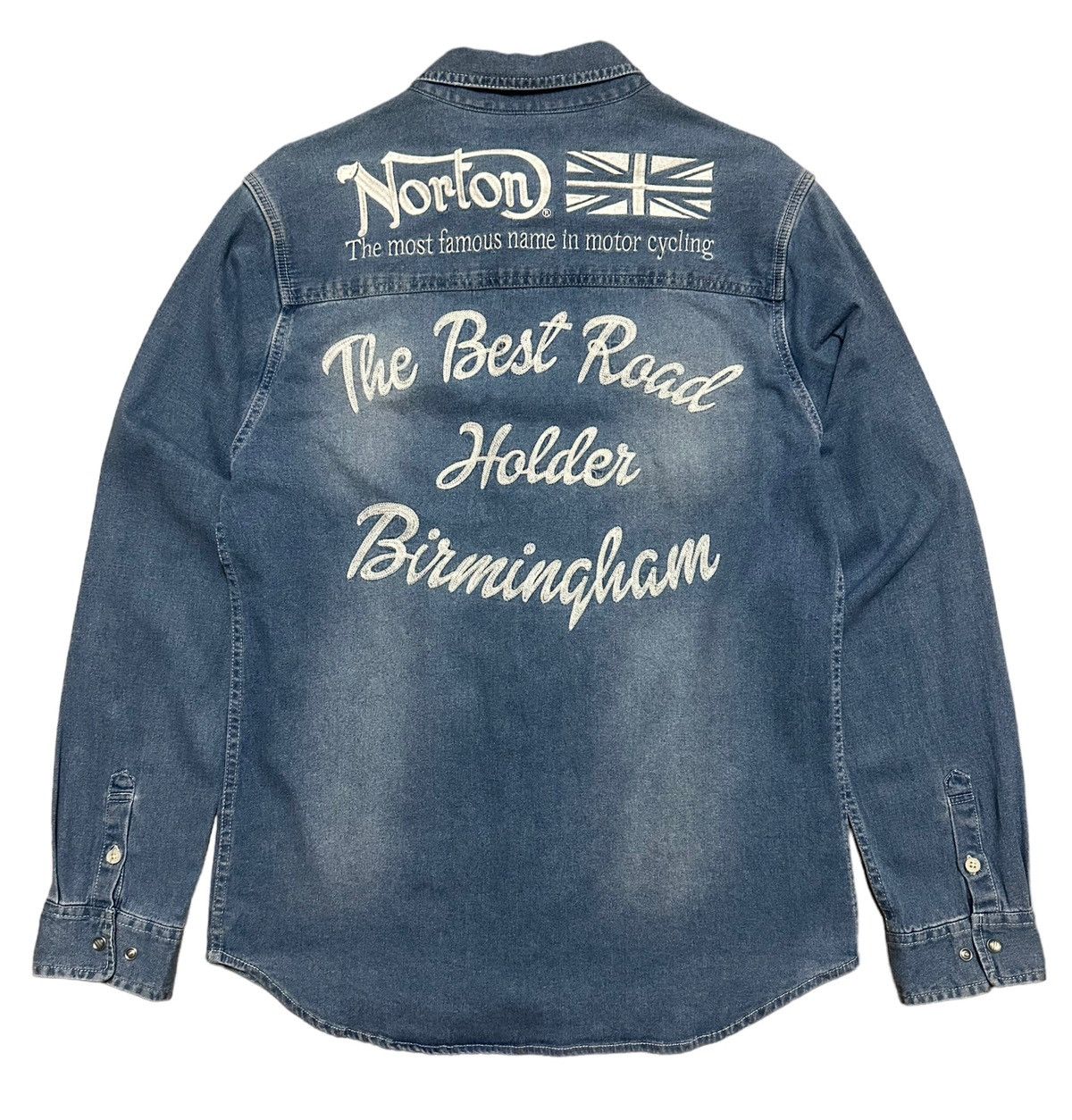 Designer × Japanese Brand × Vintage Vintage Norton Motorcycle Embroidered Blue Denim Shirts Size US M / EU 48-50 / 2 - 1 Thumbnail