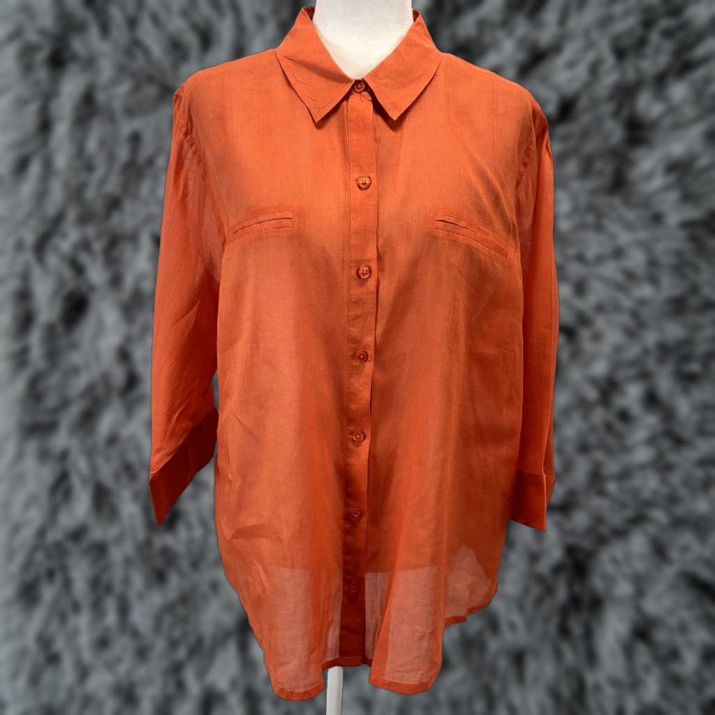 Vintage Chicos Women’s Button-Up Shirt Sz 3 US XL Orange Lightweight Semi Sheer Button-Up Size XL Regular 3/4 Sleeve Collared Cotton Blend Sheer Features Size XL / US 12-14 / IT 48-50 - 1 Thumbnail