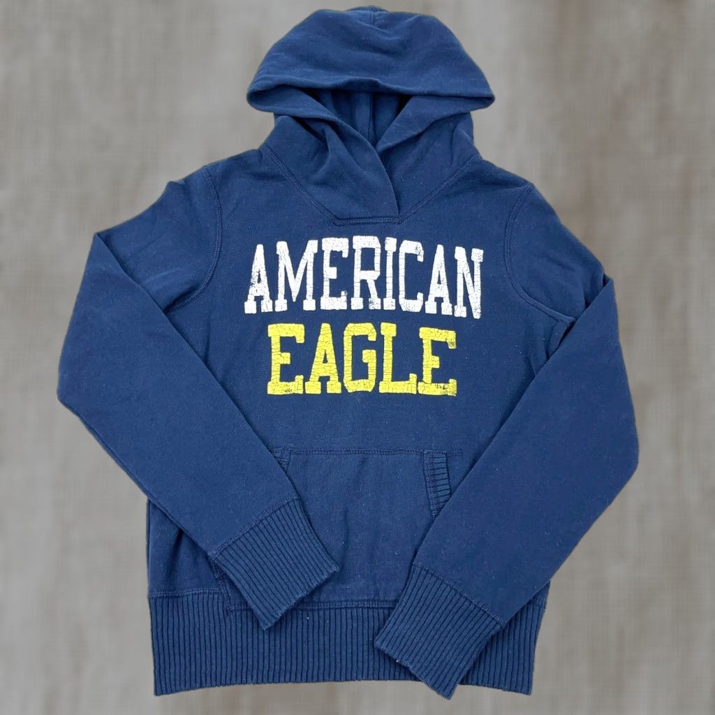 American Eagle Outfitters VINTAGE American Eagle Outfitters Hoodie Women S Blue Spellout Sweatshirt AE77 Pullover Crew Neck Hooded Lined Pockets Casual Modern Preppy Daywear Size S / US 4 / IT 40 - 1 Thumbnail