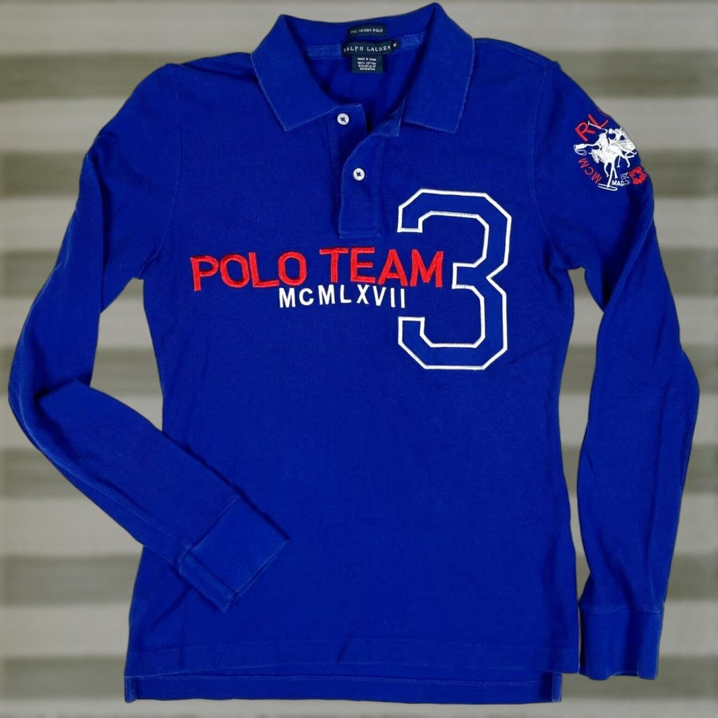 Ralph Lauren Ralph Lauren Women's The Skinny Polo Shirt Long Sleeve Embroidered Sz M Blue Cotton 100% Polo Shirt Vintage: No Size M / US 6-8 / IT 42-44 - 1 Thumbnail