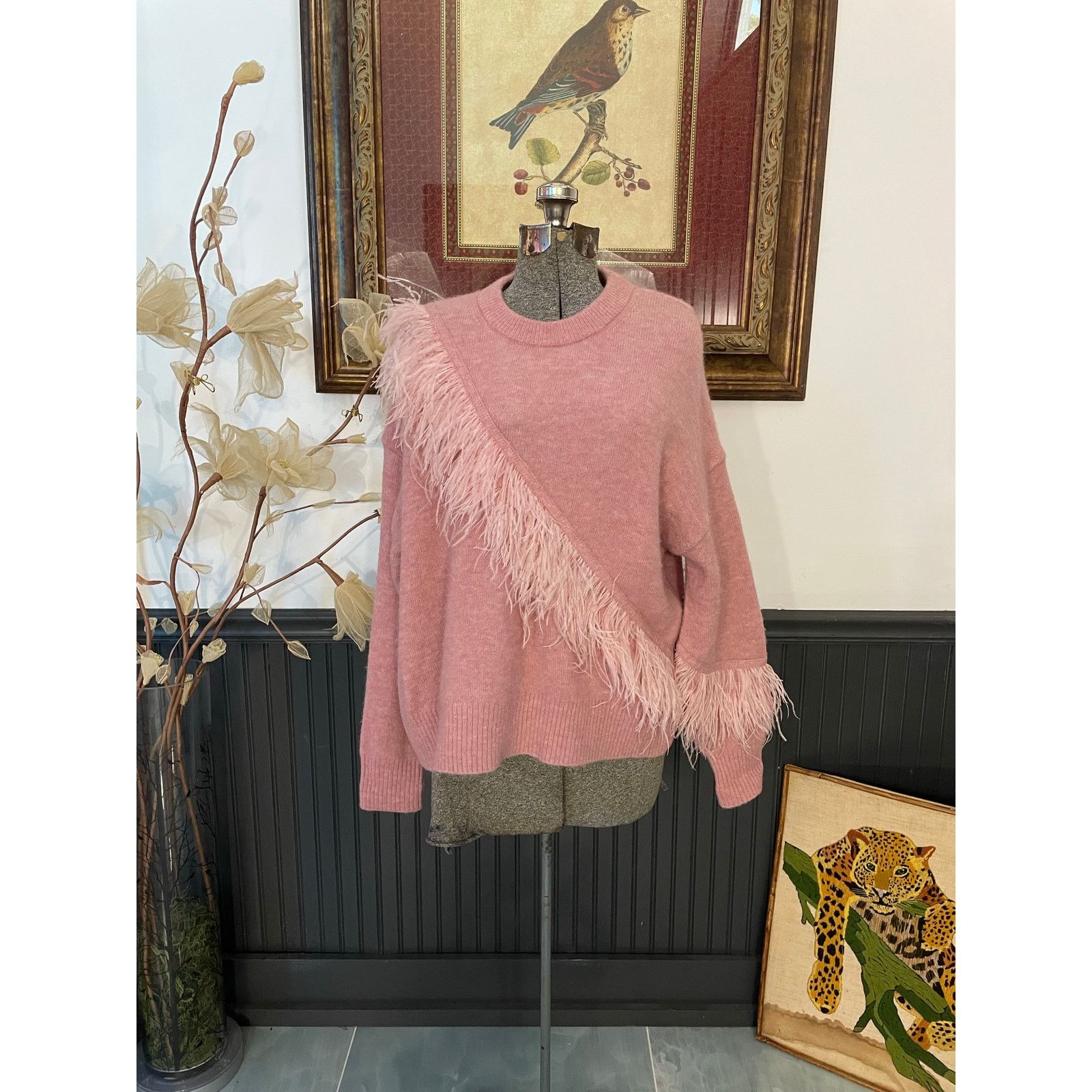 Cinq a Sept Cinq à Sept Pink Feather Trim Wool Blend Sweater Size Small Size S / US 4 / IT 40 - 1 Thumbnail