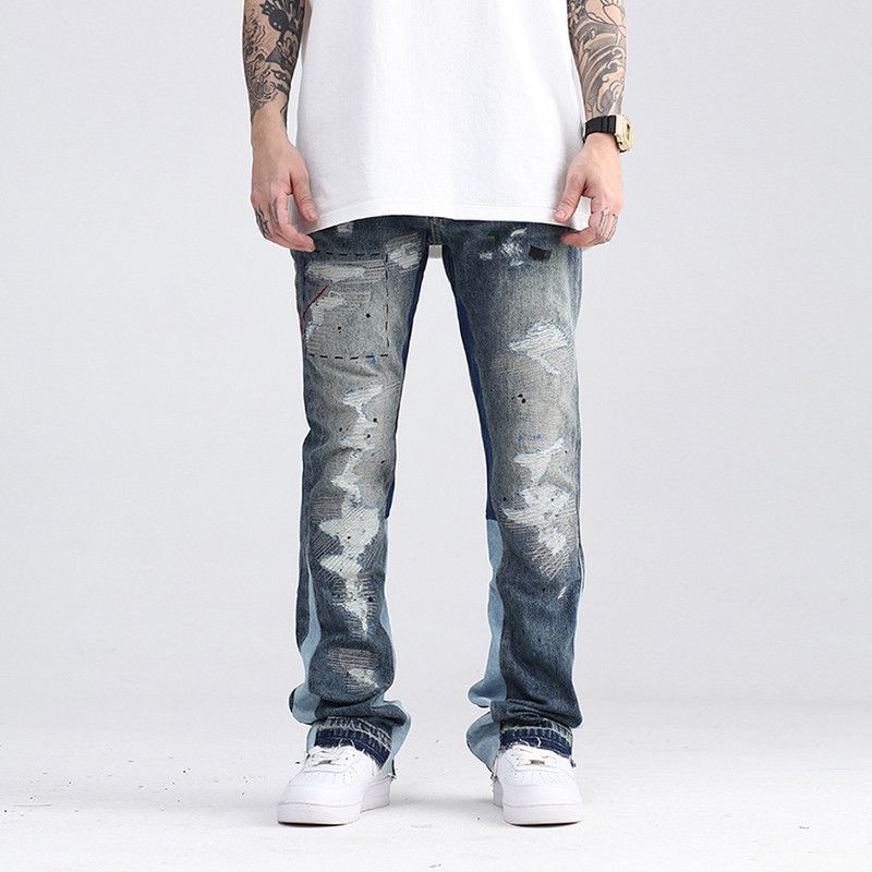 Jean Blue Speckle Ink Washed Destroyed Flared Jean Size US 30 / EU 46 - 1 Thumbnail