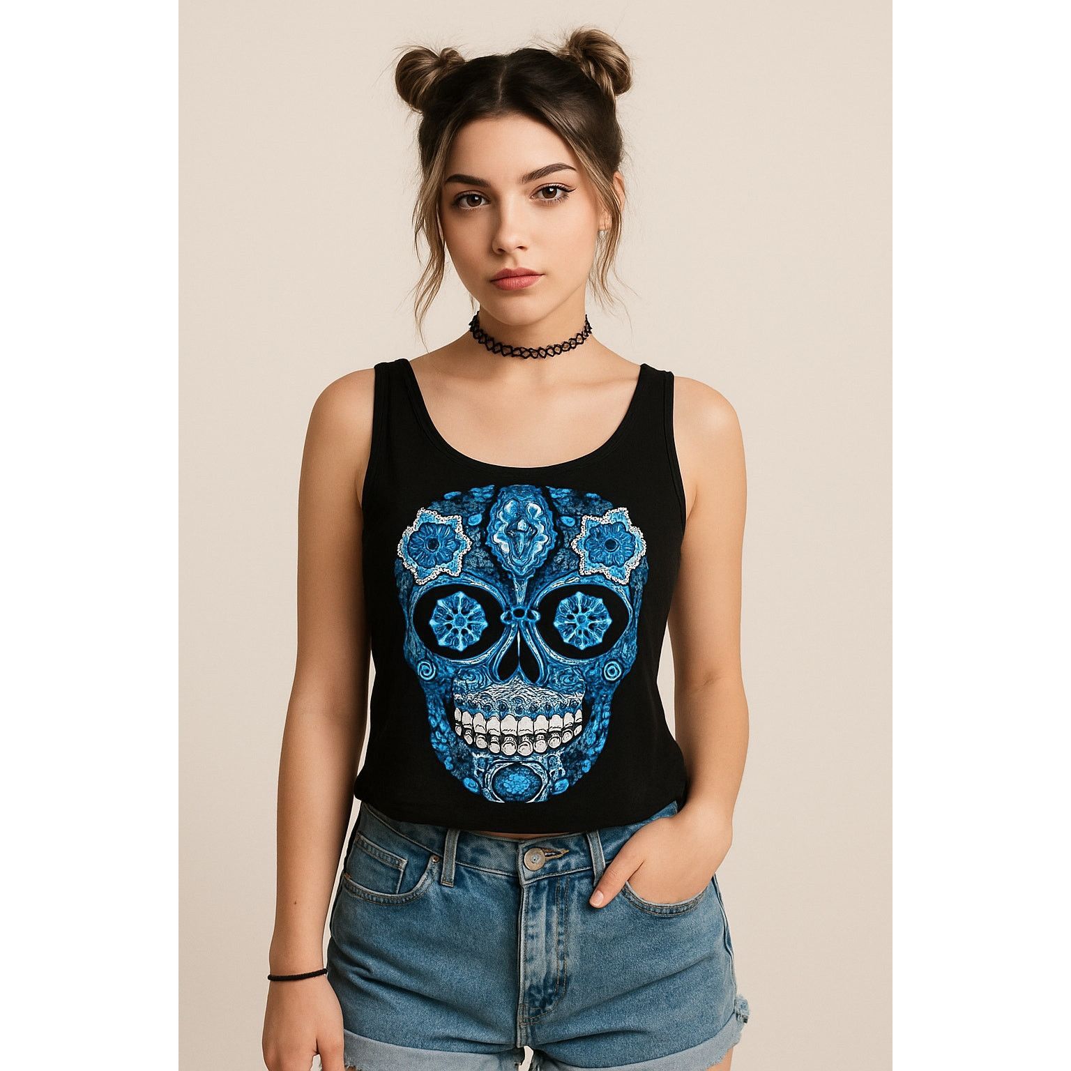 Other Y2K Sugar Skull Graphic Tank Top Black Blue Minnie Love S Size S / US 4 / IT 40 - 1 Thumbnail