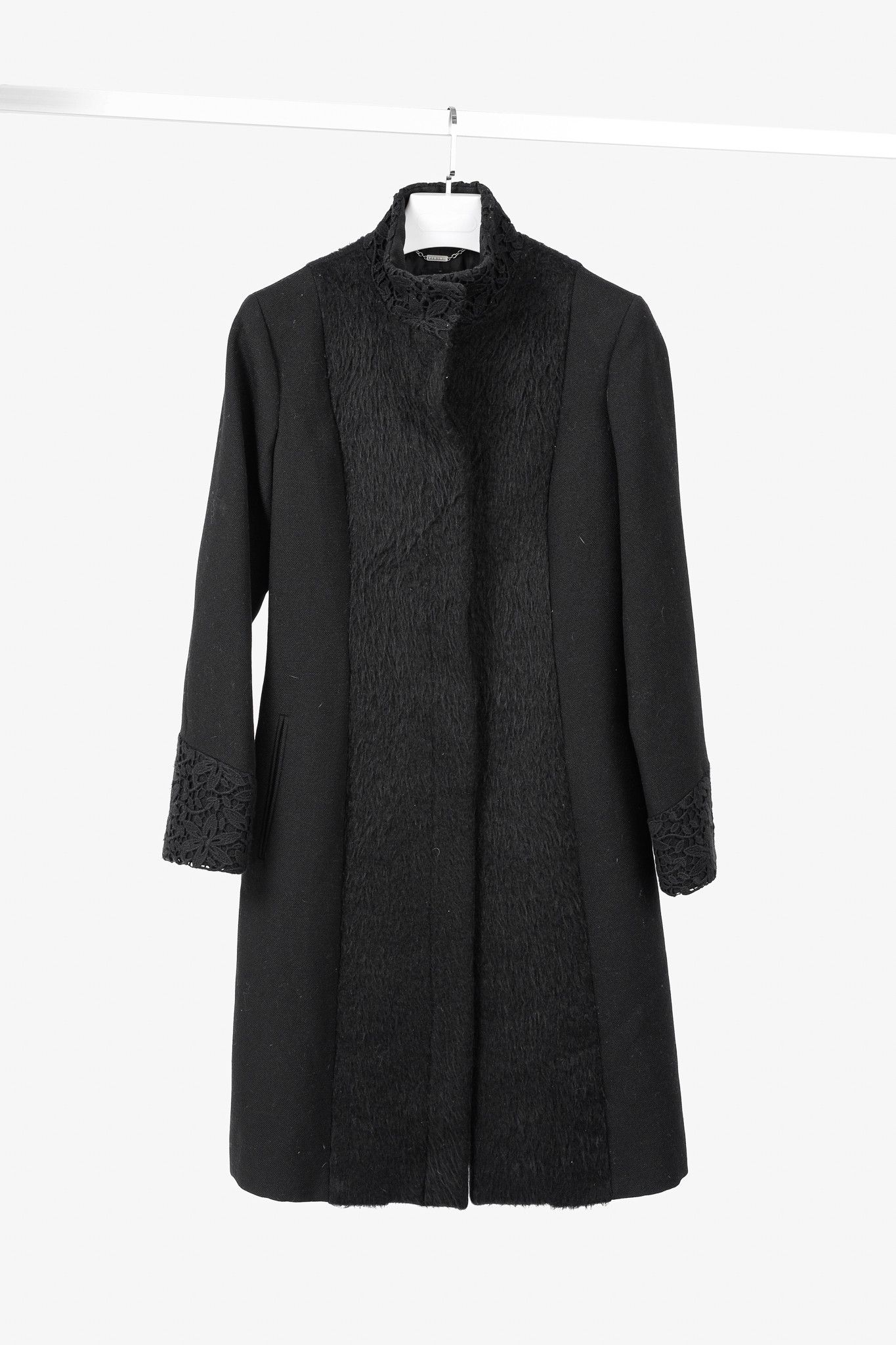 Versus Versace Versus Versace Black Fuzzy Wool Lace-Trim Coat Size S / US 4 / IT 40 - 1 Thumbnail