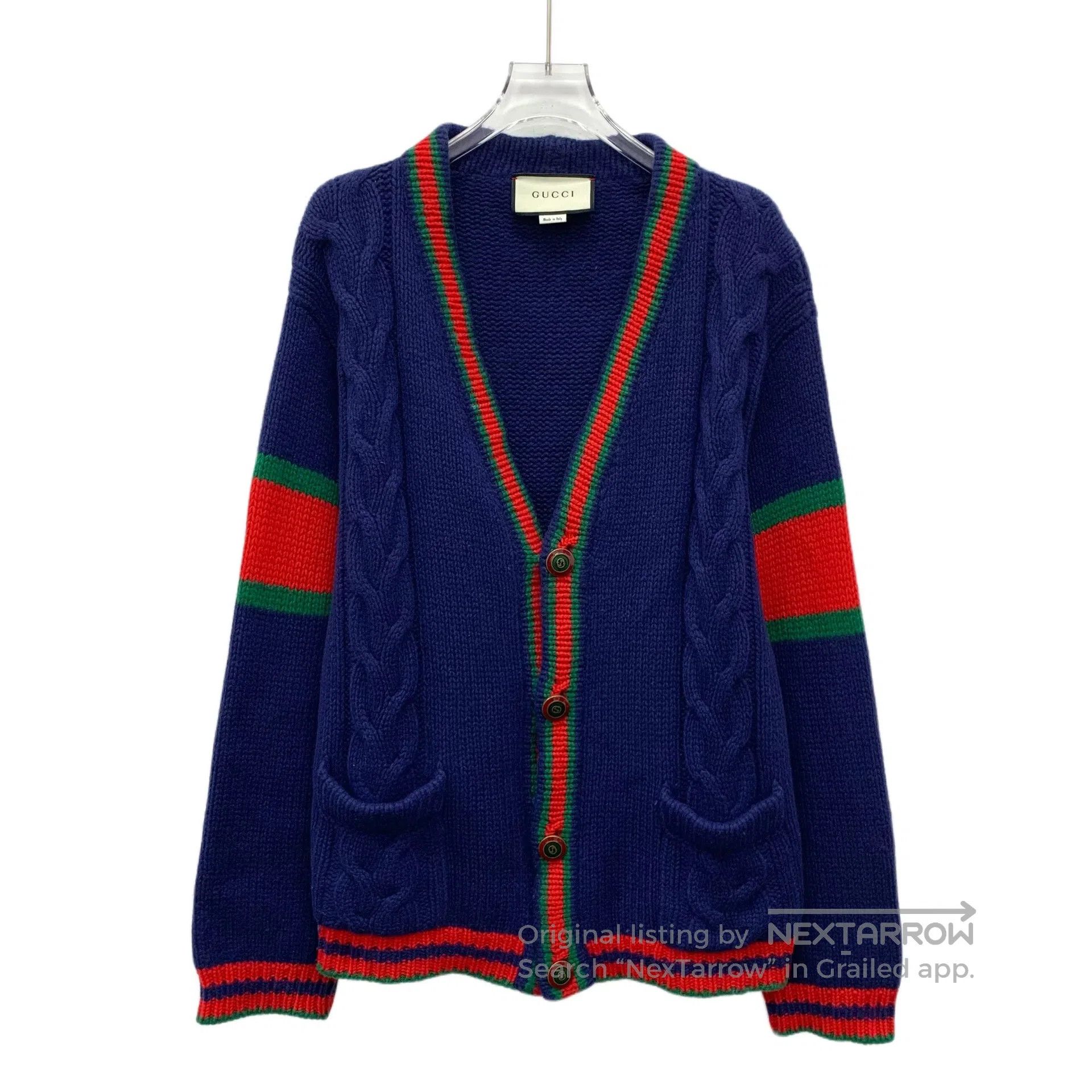 Gucci Guicci Dark Blue Stripe Trimmed V Neck Single Breasted Lon Size S / US 4 / IT 40 - 1 Thumbnail