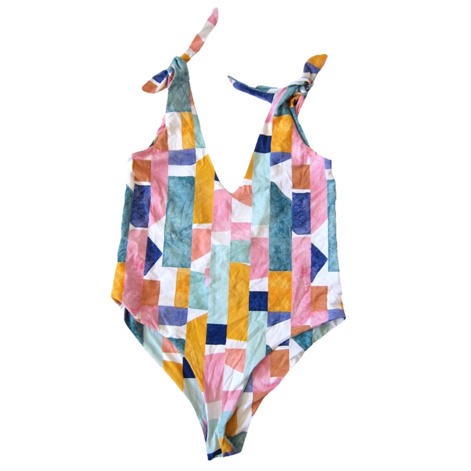 Lulus Lulu's Pink Green Blue Yellow Block V-Neck Low Back One Piece Swimsuit Large Size ONE SIZE - 2 Thumbnail