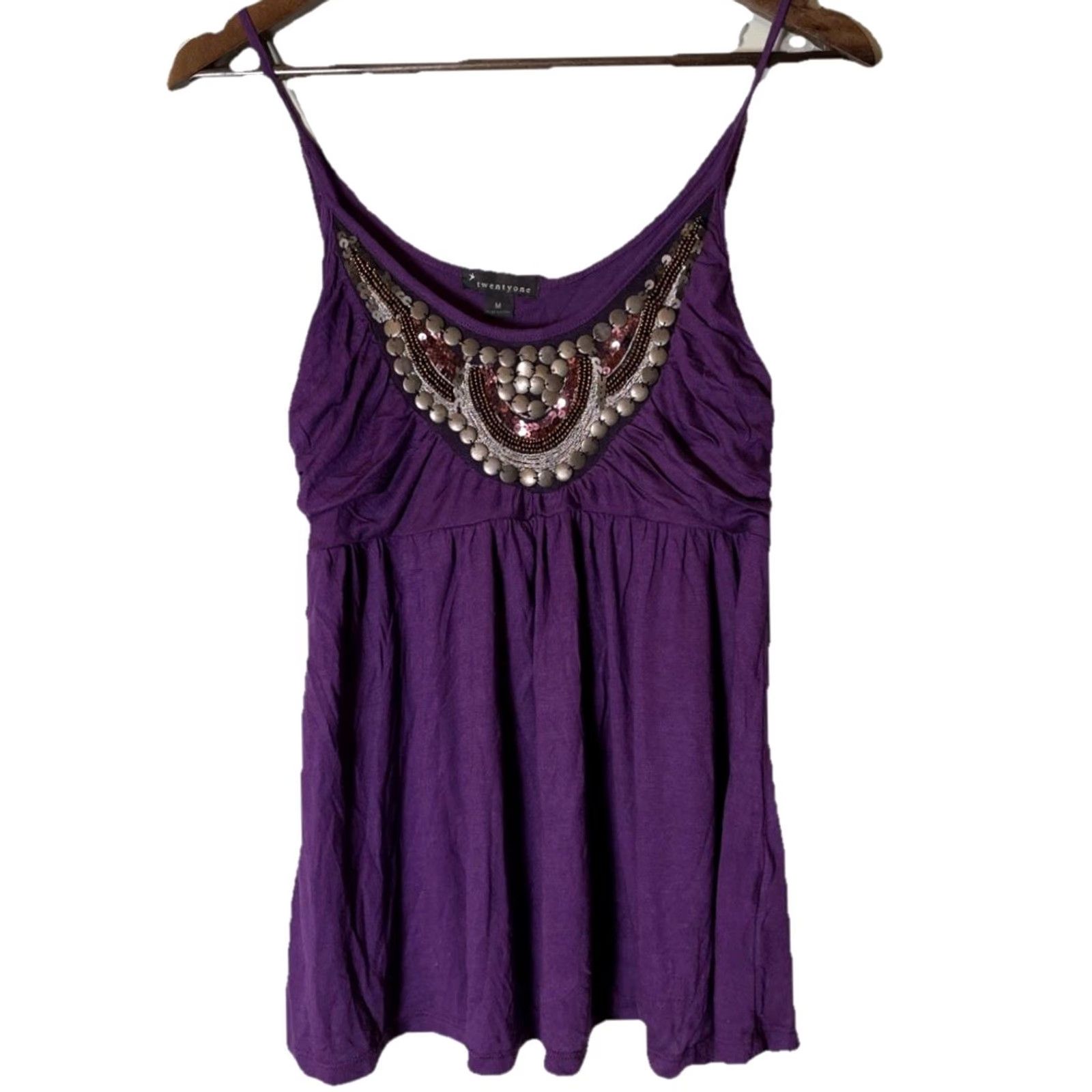 Vintage Twentyone Tank Top M Sequins Beaded Silver Threads Metal Purple Sleeveless Spaghetti Strap Casual Party/Cocktail Workwear Womens 90s Style Size M / US 6-8 / IT 42-44 - 3 Thumbnail